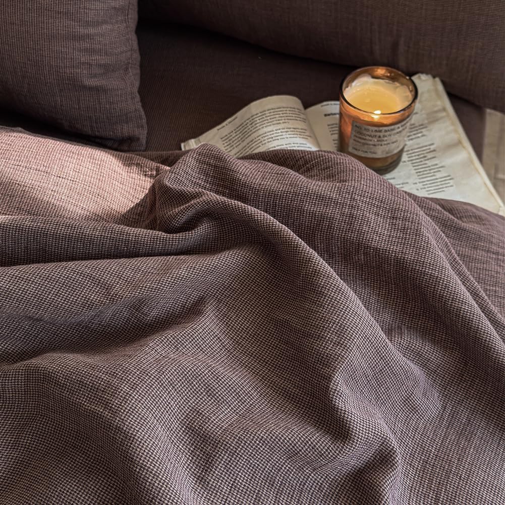 NSNLGSGC 100% Muslin Cotton Houndstooth Duvet Cover King Size, 2-Layer Small Checked Lightweight and Breathable Muslin Bedding, Linen Like Gauze Comforter Cover Set (Mocha Houndstooth, King)