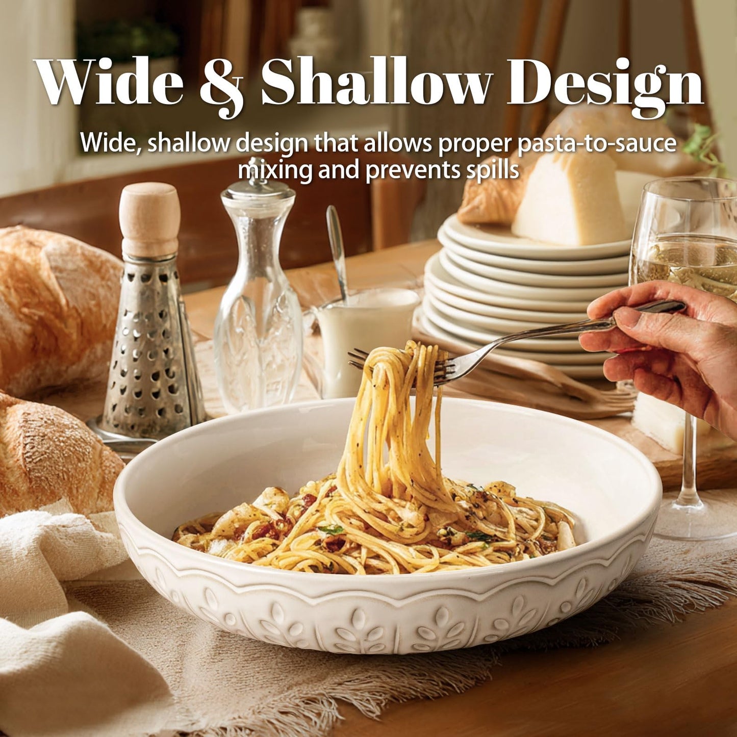 Artena Pasta Bowls, 50oz Large Salad Serving Bowls, 9.75'' Plates Bowl Set of 4, Big White Ceramic Soup Bowl for Kitchen, Embossment Shallow Dinner Bowl, Microwave Dishwasher Safe, Damask Floral