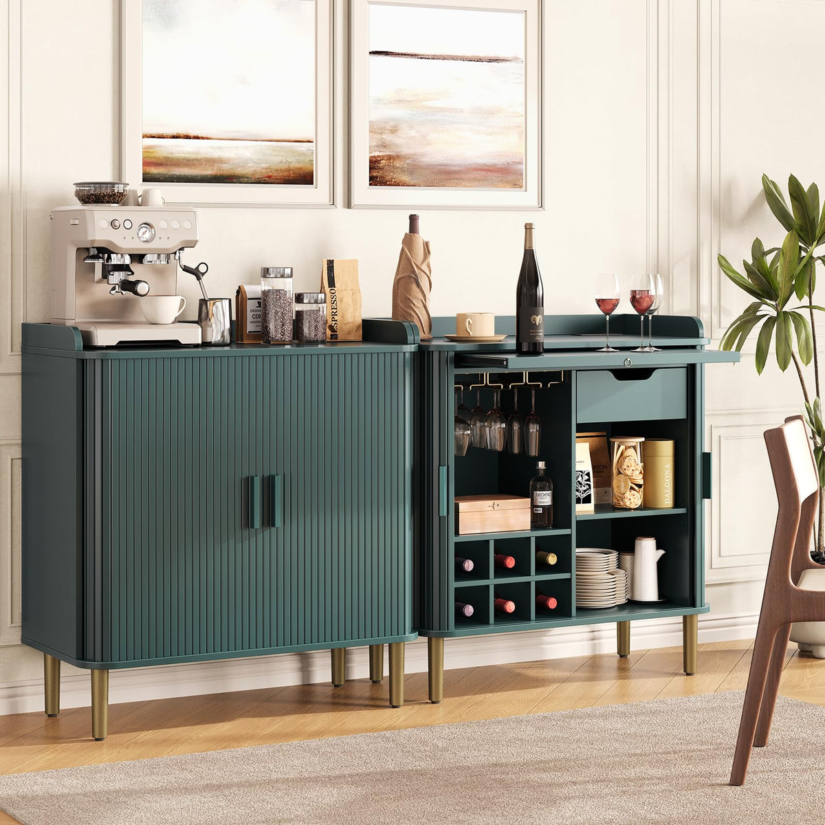 33" H Fluted Bar Cabinet with Storage, Wine Cabinet