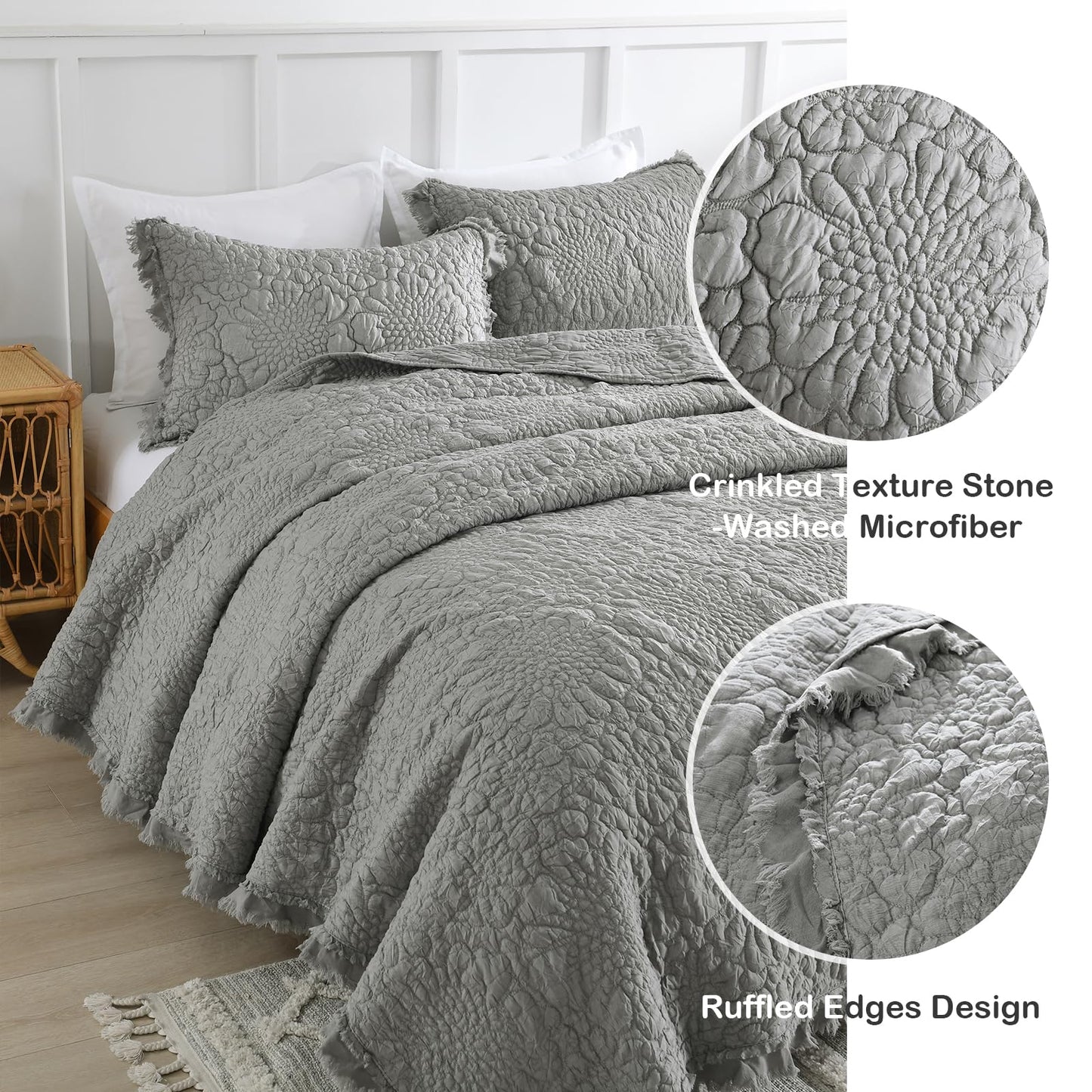 Ruffled Quilt Stone-Washed Lightweight Crinkled Shabby Chic Bedding Set