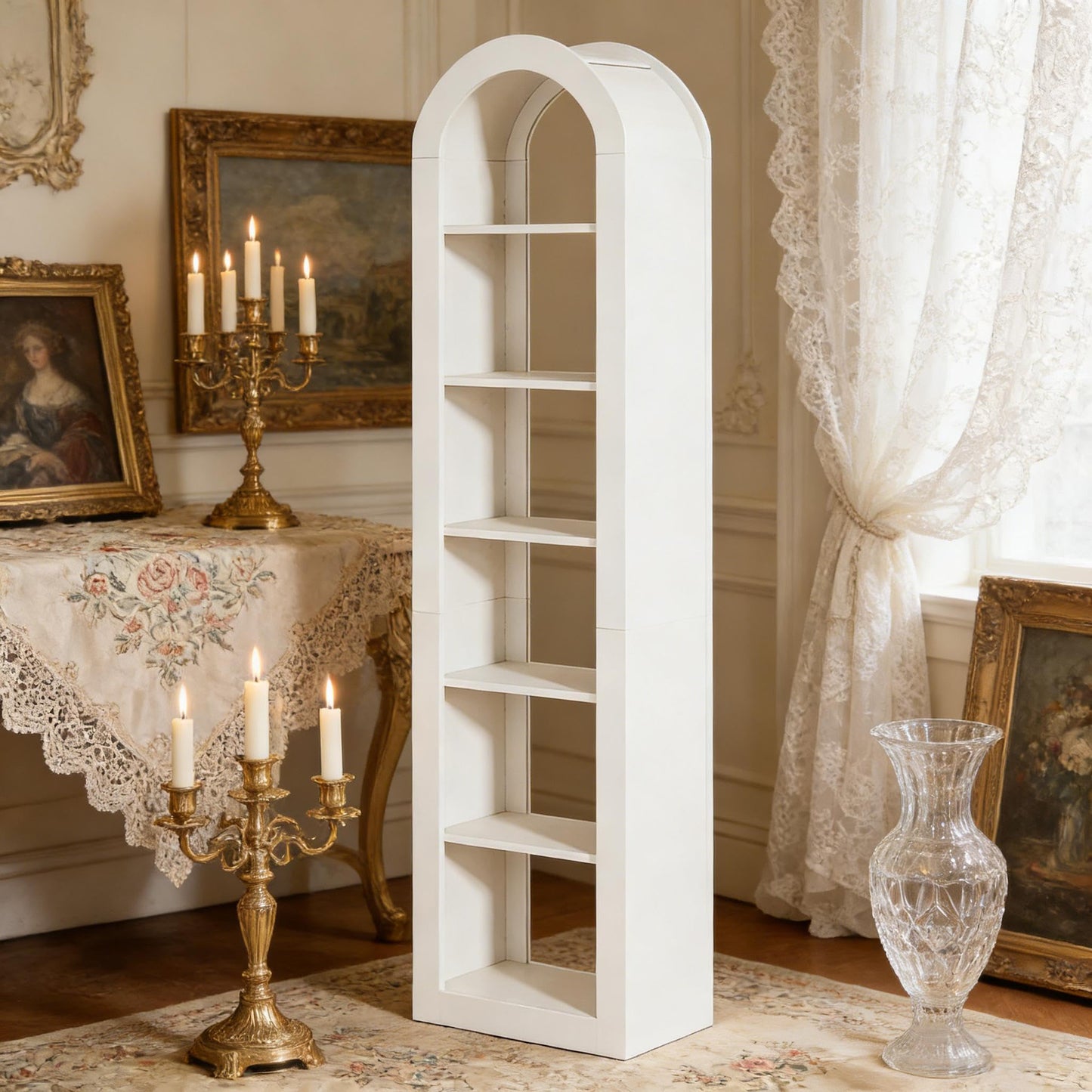 Arched 8 Tier Tall Bookshelf with Wood Back Panel