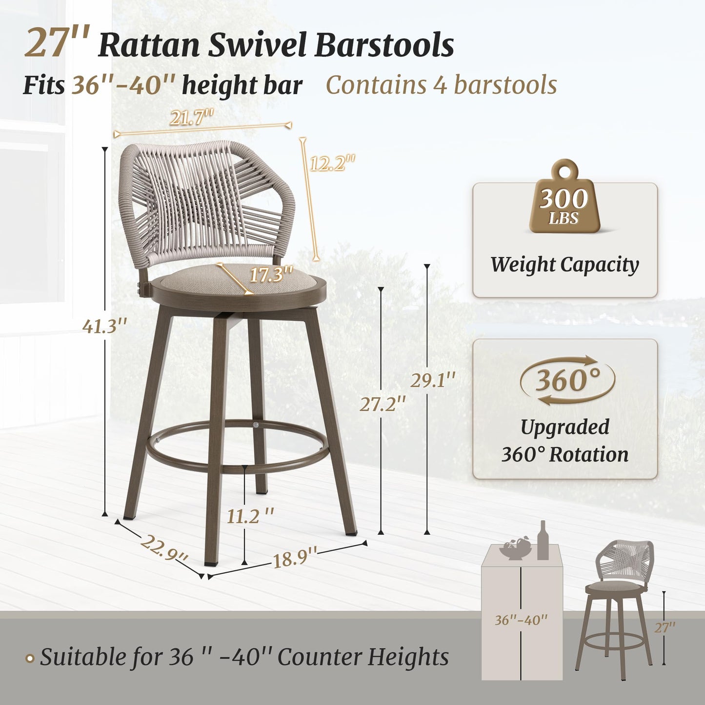 Swivel Outdoor Bar Stools Set of 4, with Armrest