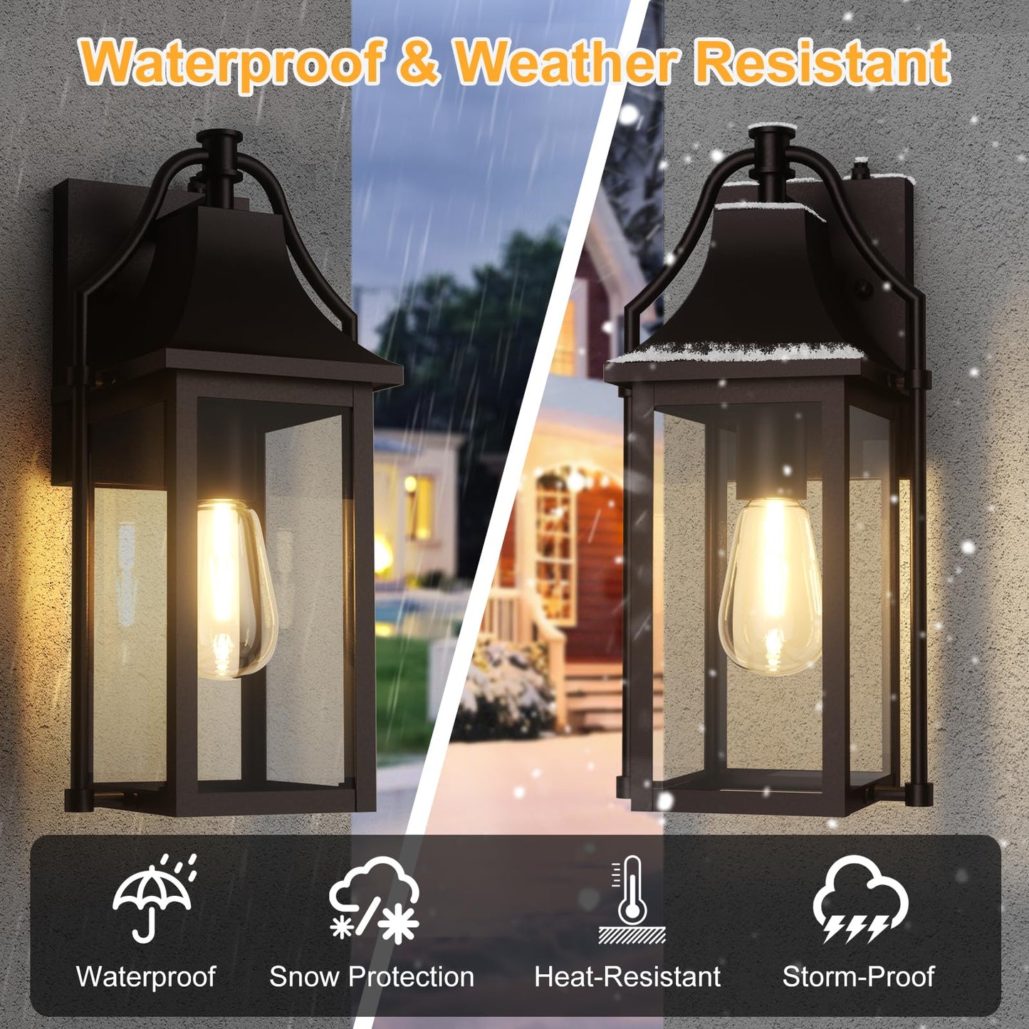Outdoor Wall Lights Fixtures, Large Size Dusk to Dawn Waterproof Exterior Lanterns, Modern Porch Sconce Wall Mounted with Glass