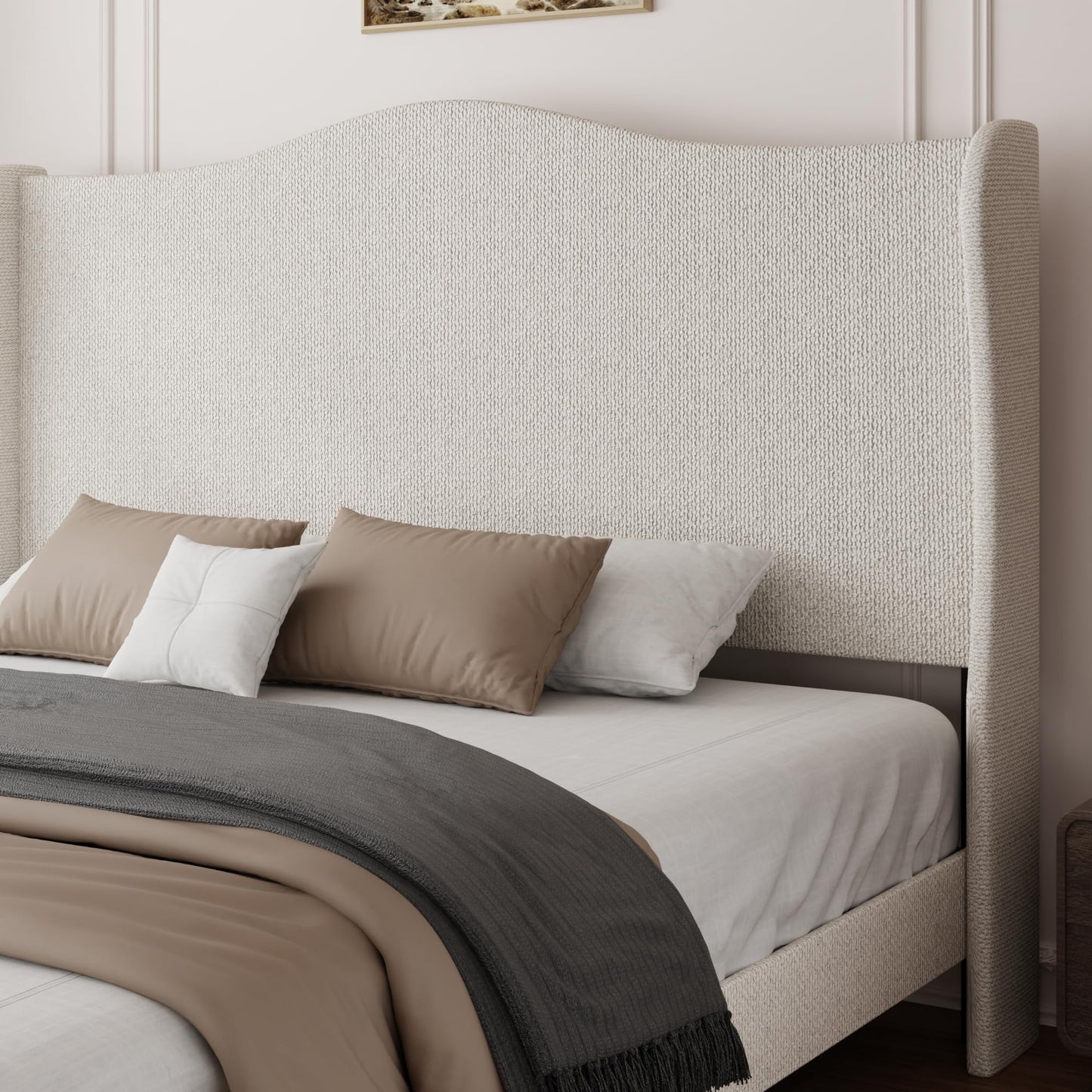 King Bed Frame with Extra Tall 55.5" Wingback Headboard, White Boucle Upholstered Platform Bed Frame, Modern Cloud Bed, Noise-Free, Metal Slats Support, No Box Spring Needed