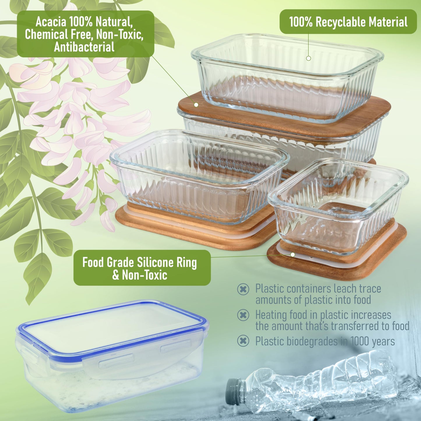 Glass Container Set with Acacia Lids - 4 Stackable Meal Prep Containers. Durable heat resistant Inert Borosilicate Glass