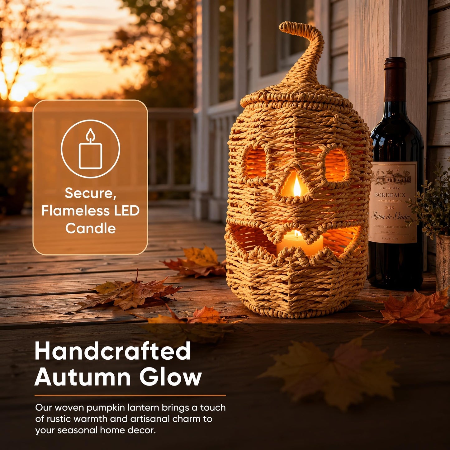 Rattan Lantern Pumpkin Candle Holder with Witch Hat Shape Lid