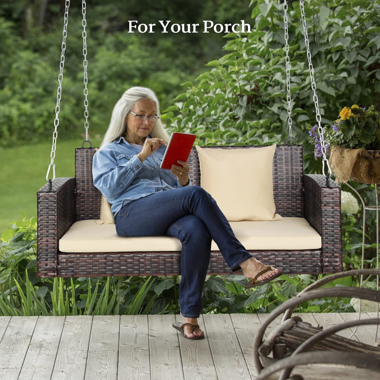 VINGLI 2.4 FT 1-Person Use Round Rattan Porch Swing Outdoor Support 440 LBS with Cushions & Adjustable Chains, Patio Wicker Swing Bench Chair for Garden, Yard, Lawn, Tree, Brown