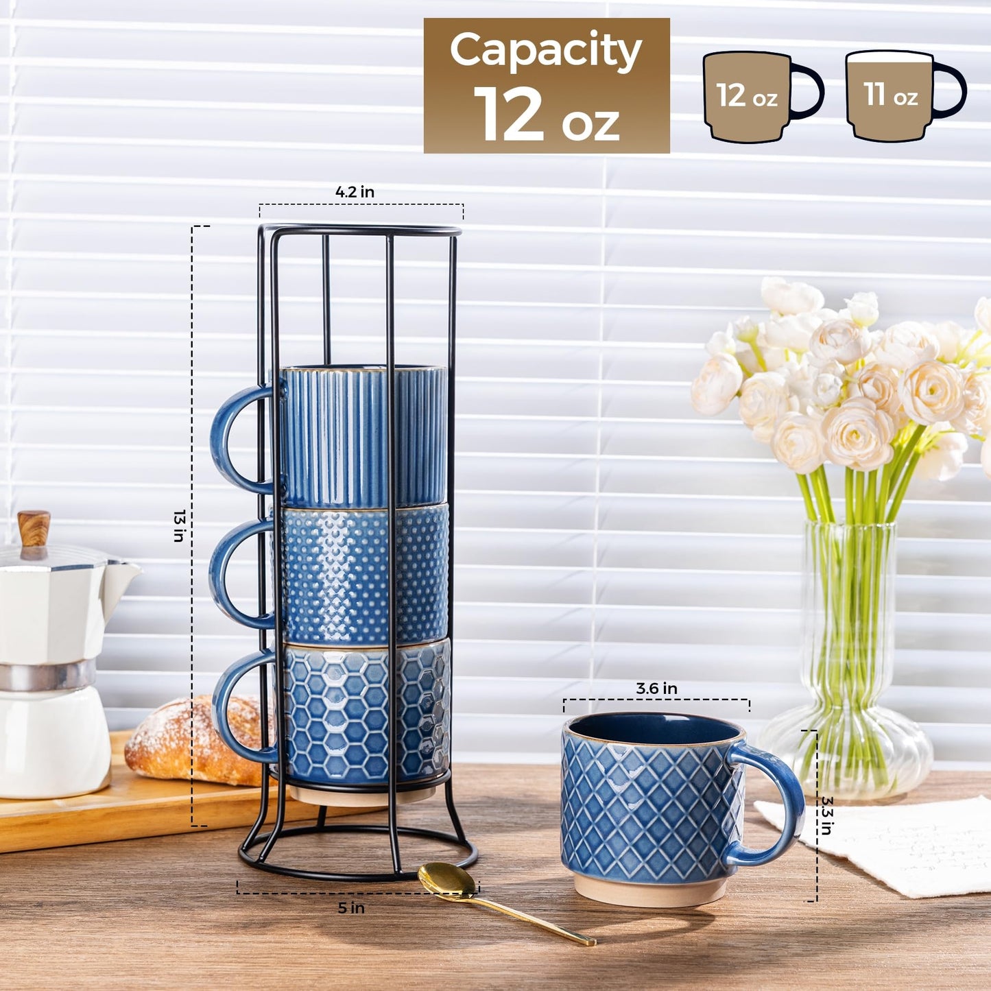 GBhome 12OZ Stackable Coffee Mugs, Ceramic Coffee Mugs with Texture Patterns for Man,Woman,Dad,Mom, Modern Coffee Mugs Set of 4 for Latte/Cappuccino/Cocoa. Dishwasher&Microwave Safe, Pale Khaki