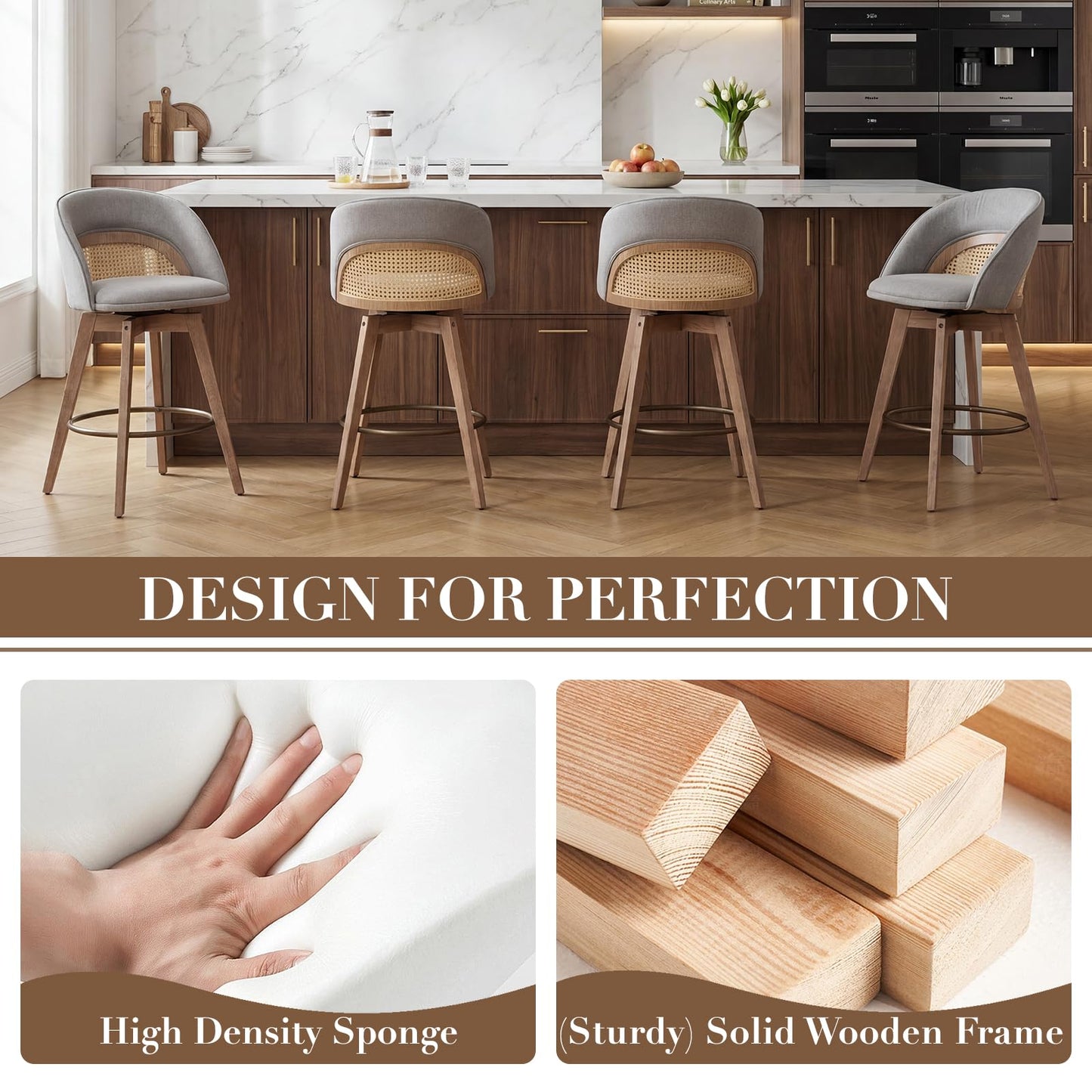 EALSON Bar Stools Set of 4, 26" Swivel Barstools with Rattan Backrest, Modern Faux Leather Upholstered Counter Height Bar Stools with Wood Legs & Bronze Footrest for Kitchen Island/Living Room, Brown