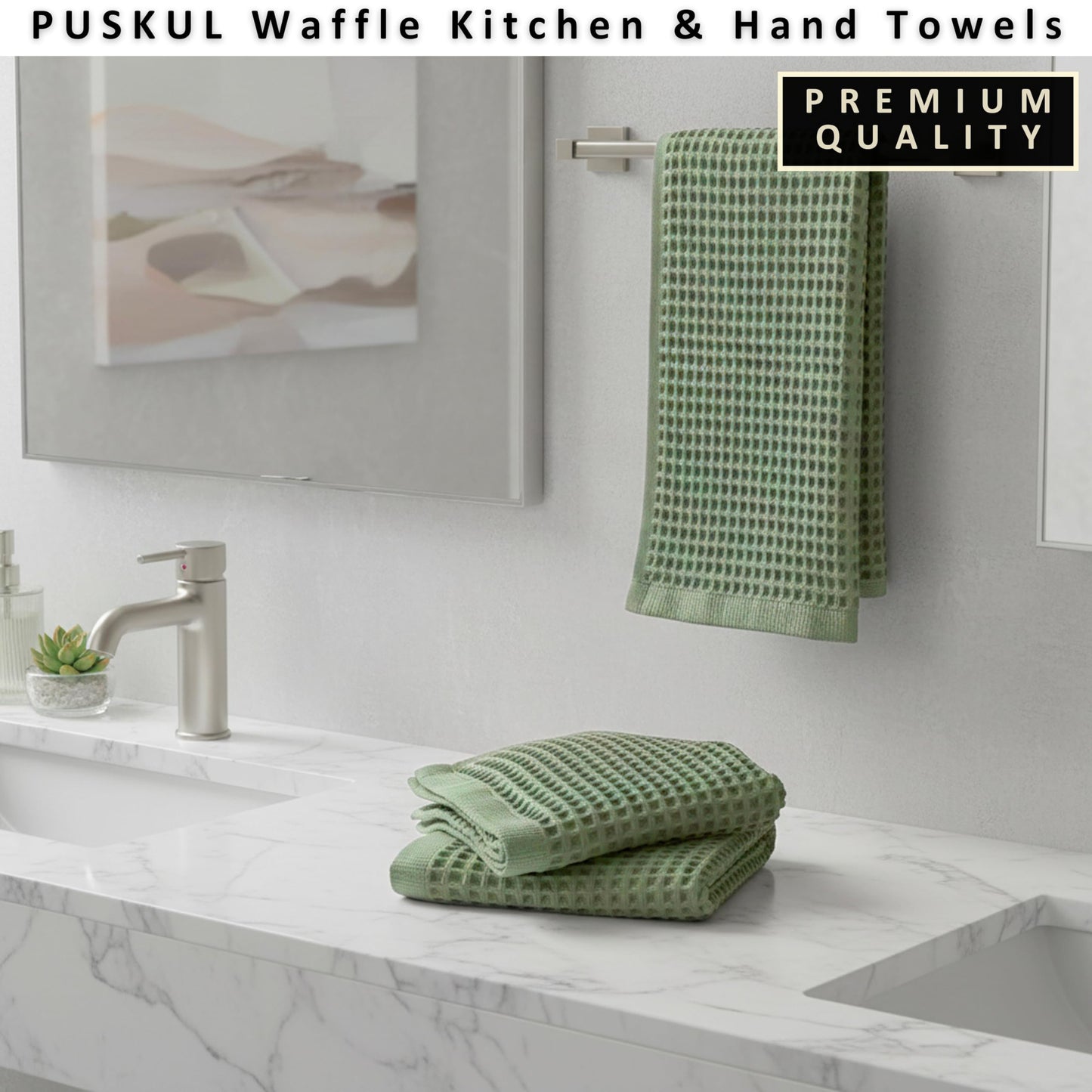 PÜSKÜL Organic Waffle Kitchen Towel Pure 100% Turkish Cotton Set of 3 Natural Raw-Undyed Towel - Premium Quality Soft Quick-Dry Absorbent Lint-Free Hand & Dish Towels Large 32X16 (3, Natural Beige)