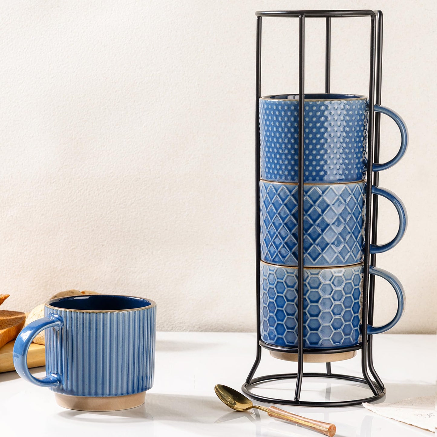 GBhome 12OZ Stackable Coffee Mugs, Ceramic Coffee Mugs with Texture Patterns for Man,Woman,Dad,Mom, Modern Coffee Mugs Set of 4 for Latte/Cappuccino/Cocoa. Dishwasher&Microwave Safe, Pale Khaki