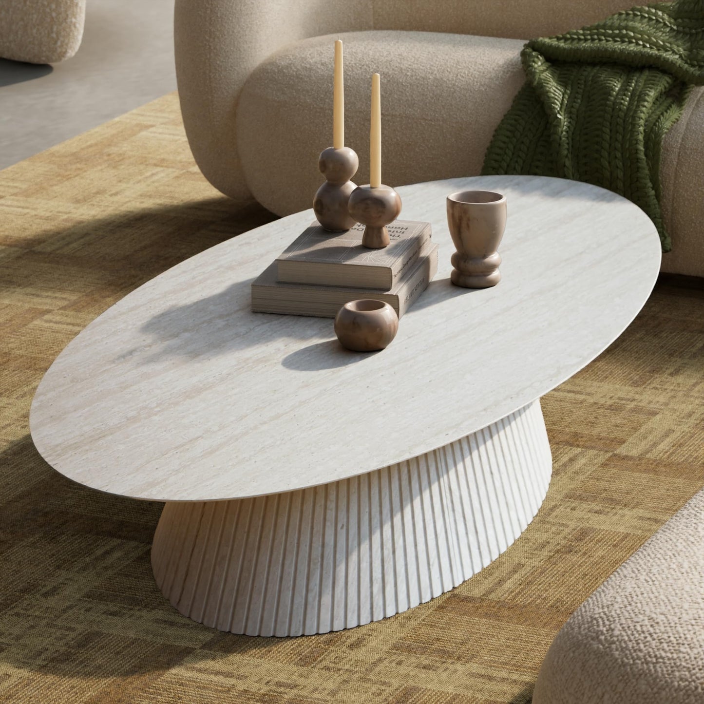 win2win Oval Coffee Table, Mid Century Modern Coffee Table with Fluted Design, Small Funky Tea Table with Wood Grain Veneer, Minimalist Center Table for Living Room, Apartment, Office, Walnut