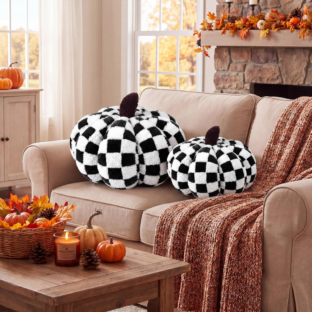 2 Pcs Pumpkin Pillows Brown White Checkerboard