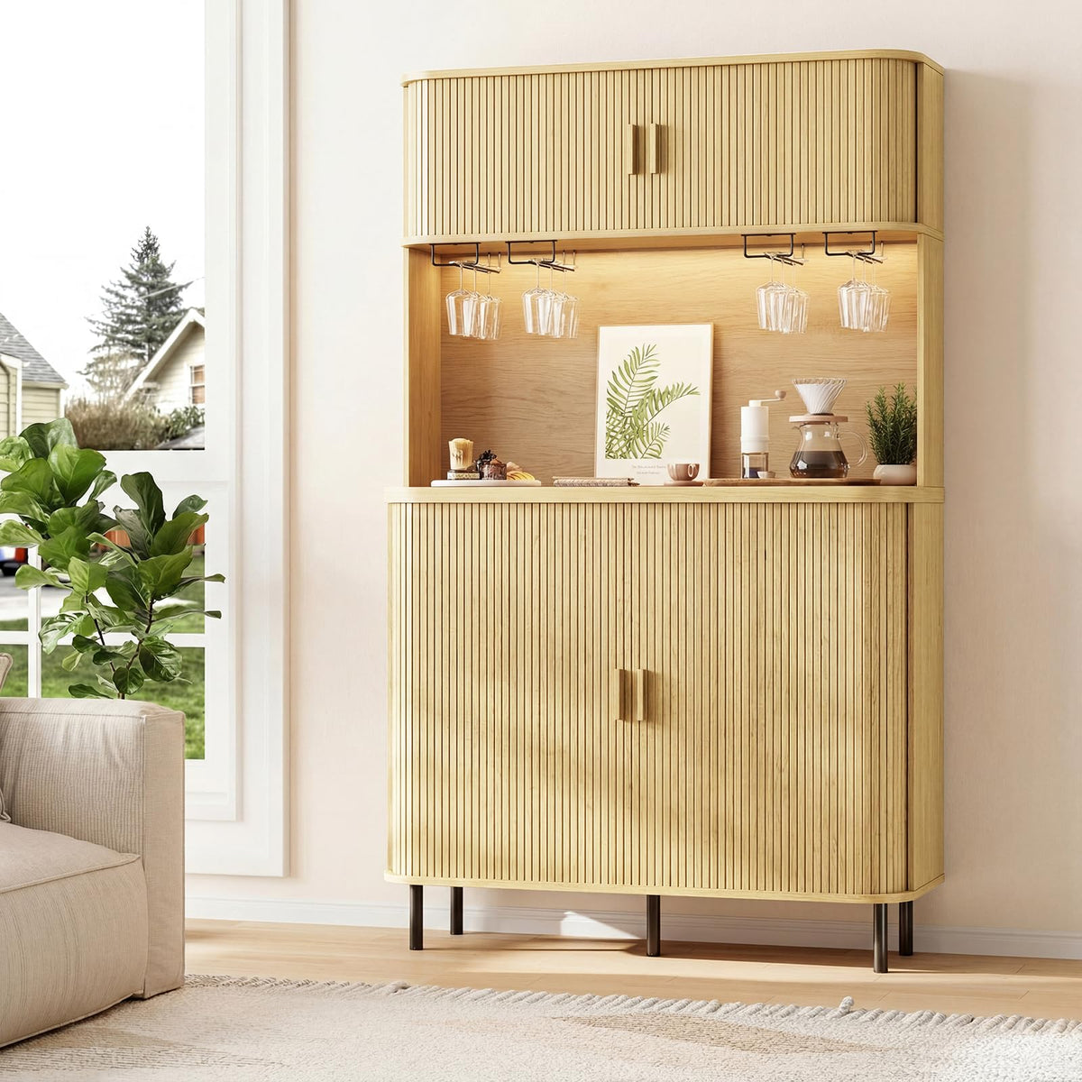 71" Tall Fluted Wine Bar Cabinet with Storage