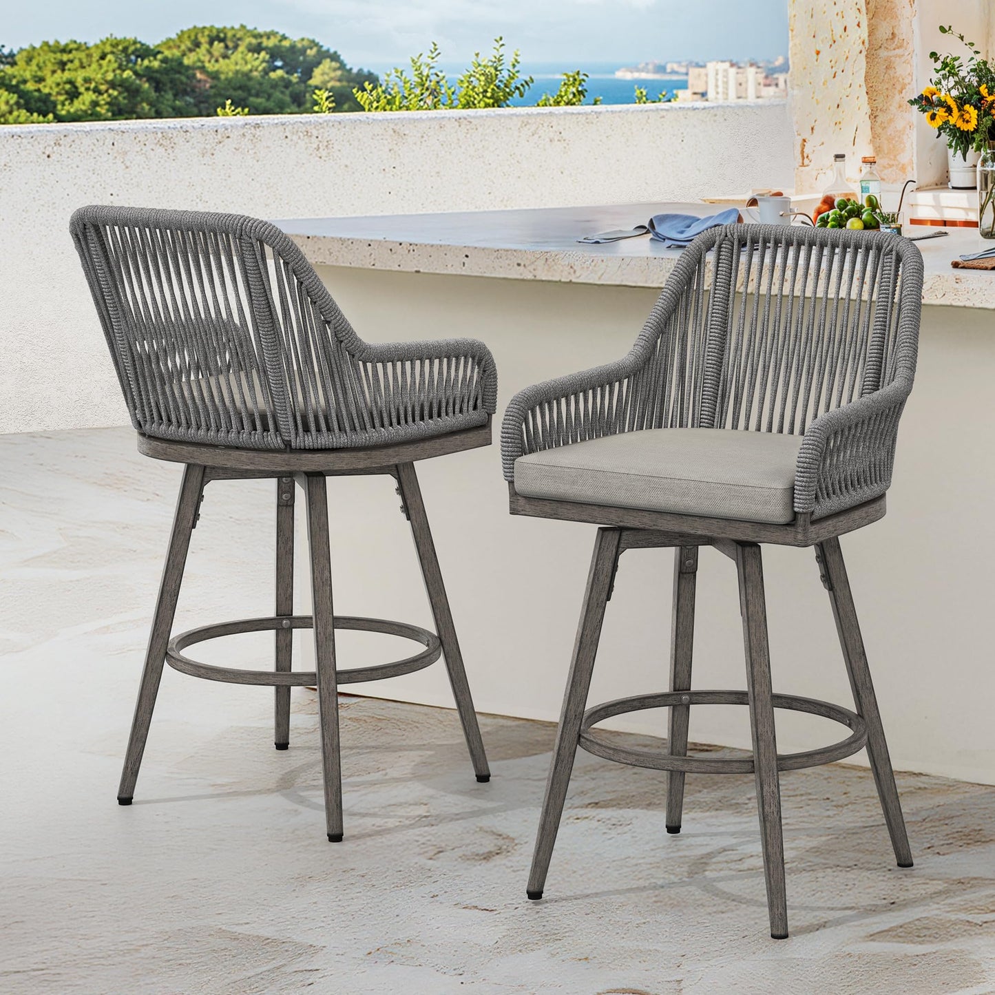 Swivel Outdoor Bar Stools Set of 4, with Armrest