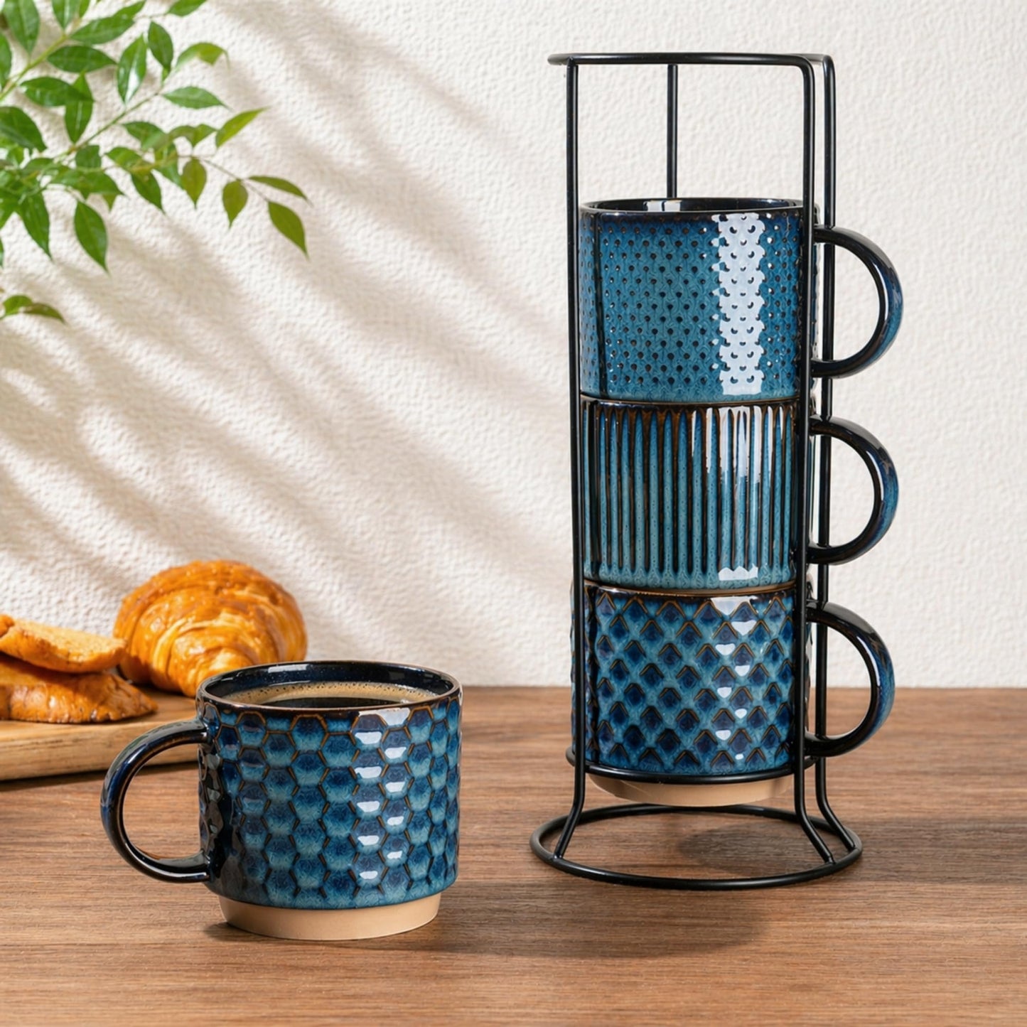 GBhome 12OZ Stackable Coffee Mugs, Ceramic Coffee Mugs with Texture Patterns for Man,Woman,Dad,Mom, Modern Coffee Mugs Set of 4 for Latte/Cappuccino/Cocoa. Dishwasher&Microwave Safe, Pale Khaki
