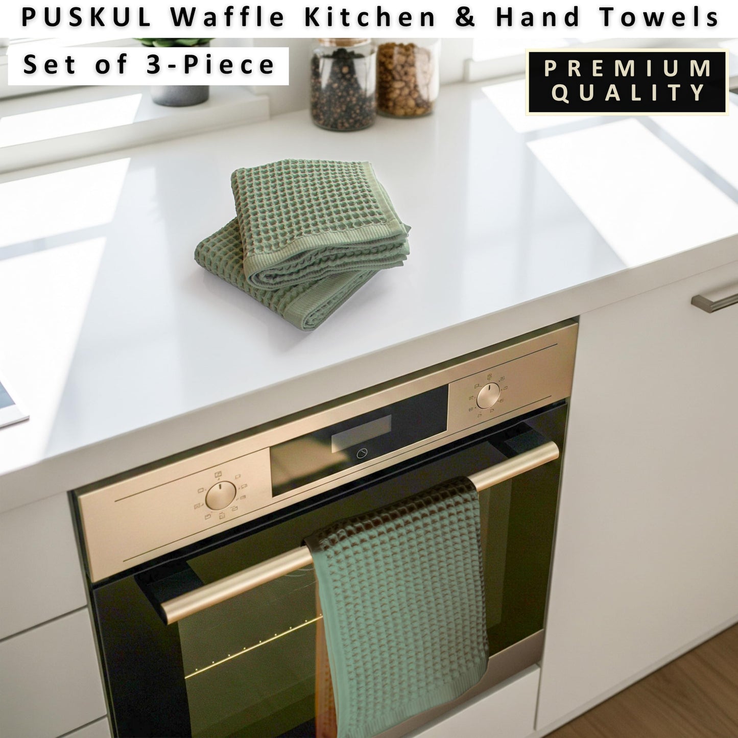 PÜSKÜL Organic Waffle Kitchen Towel Pure 100% Turkish Cotton Set of 3 Natural Raw-Undyed Towel - Premium Quality Soft Quick-Dry Absorbent Lint-Free Hand & Dish Towels Large 32X16 (3, Natural Beige)