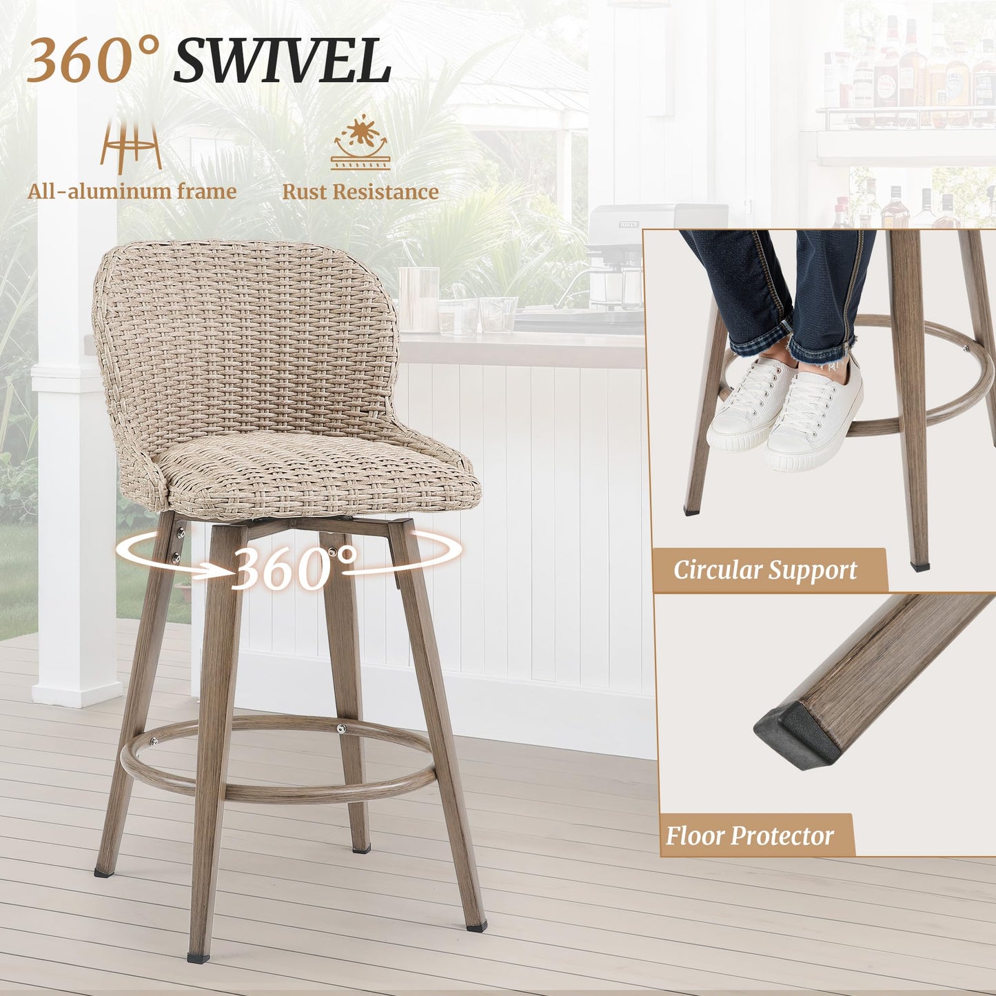 Swivel Outdoor Bar Stools Set of 3, 27" Counter Wicker Patio Chair