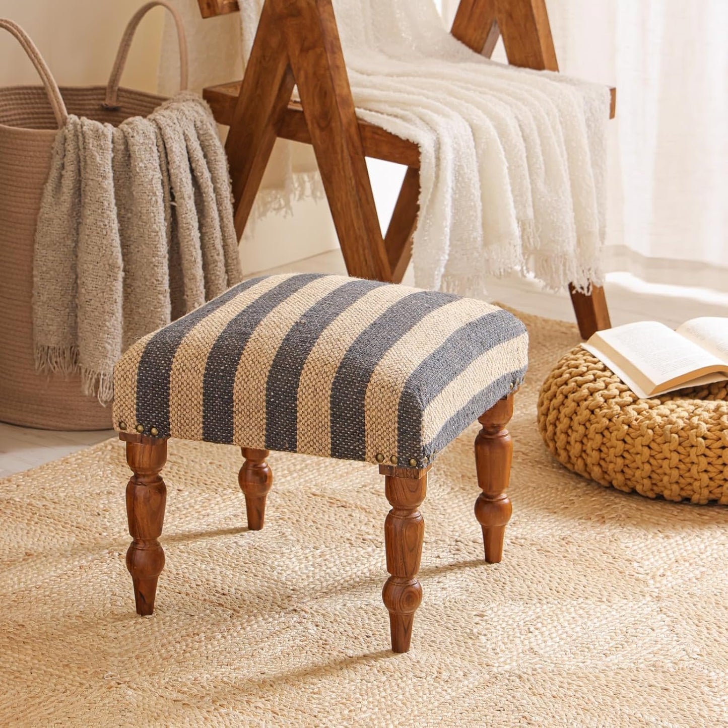 Handmade Jute Ottoman Stool with Wooden Legs