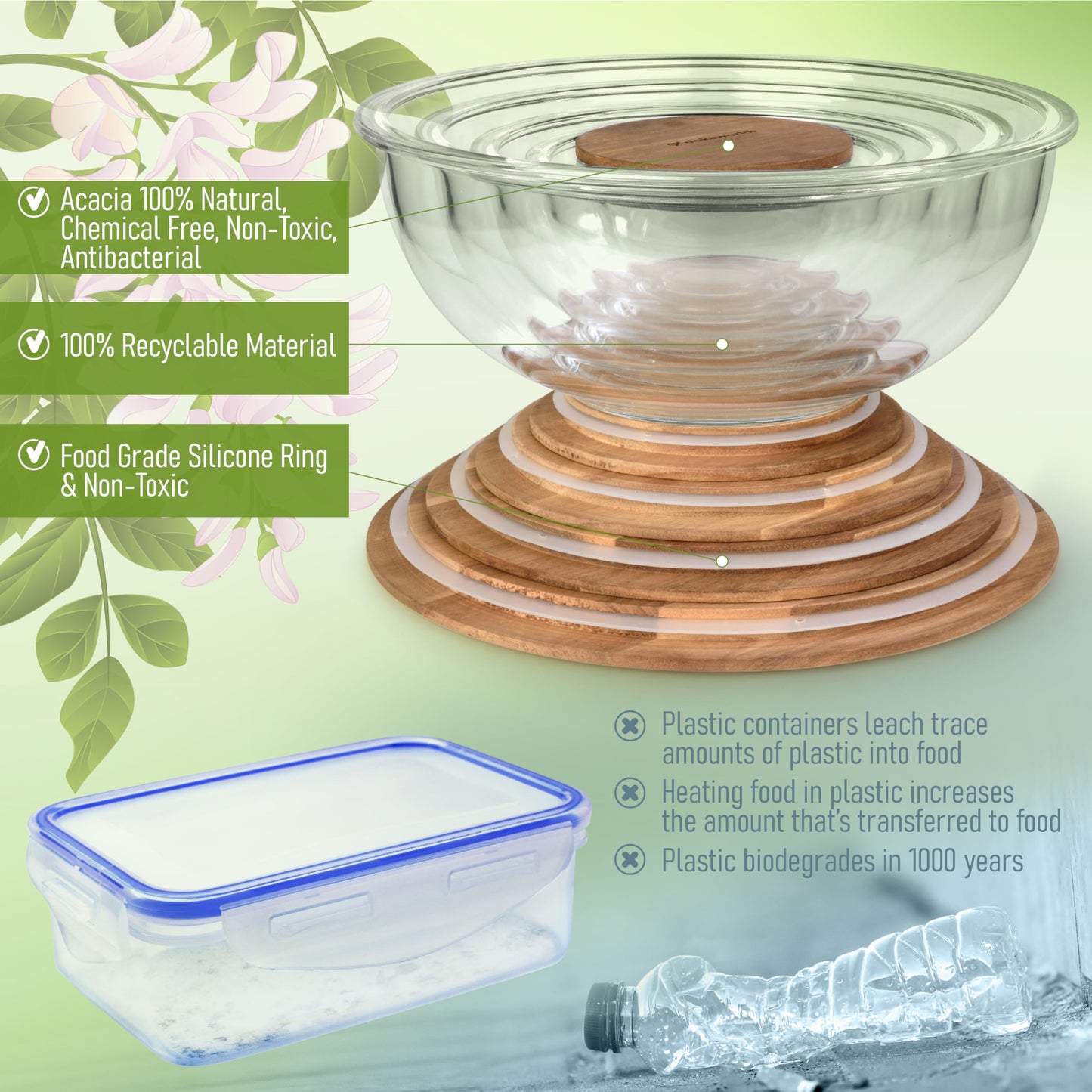 Glass Container Set with Acacia Lids - 4 Stackable Meal Prep Containers. Durable heat resistant Inert Borosilicate Glass