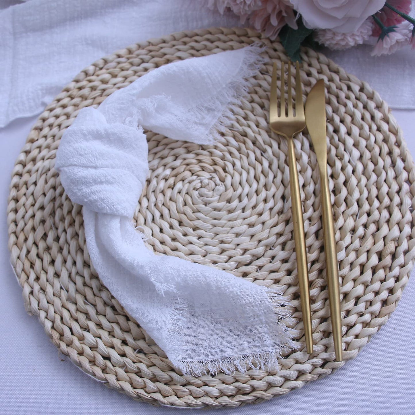Cloth Napkins with Fringe Set of 12,100% Soft Cotton, Gauze Washable Easter Napkins for Wedding Decorative Dinner Parties, Valentine's Day (16''*16'') Light Blue