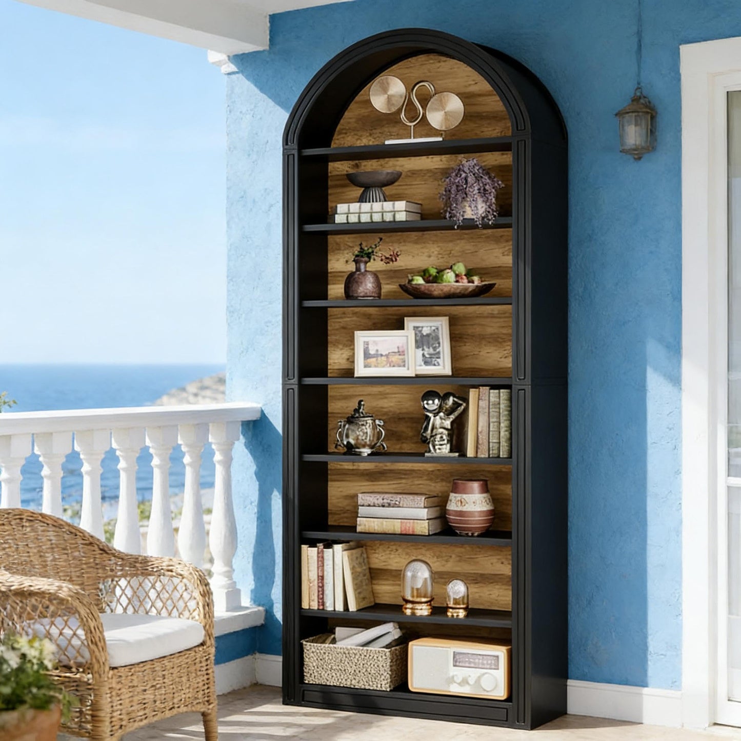 Arched 8 Tier Tall Bookshelf with Wood Back Panel
