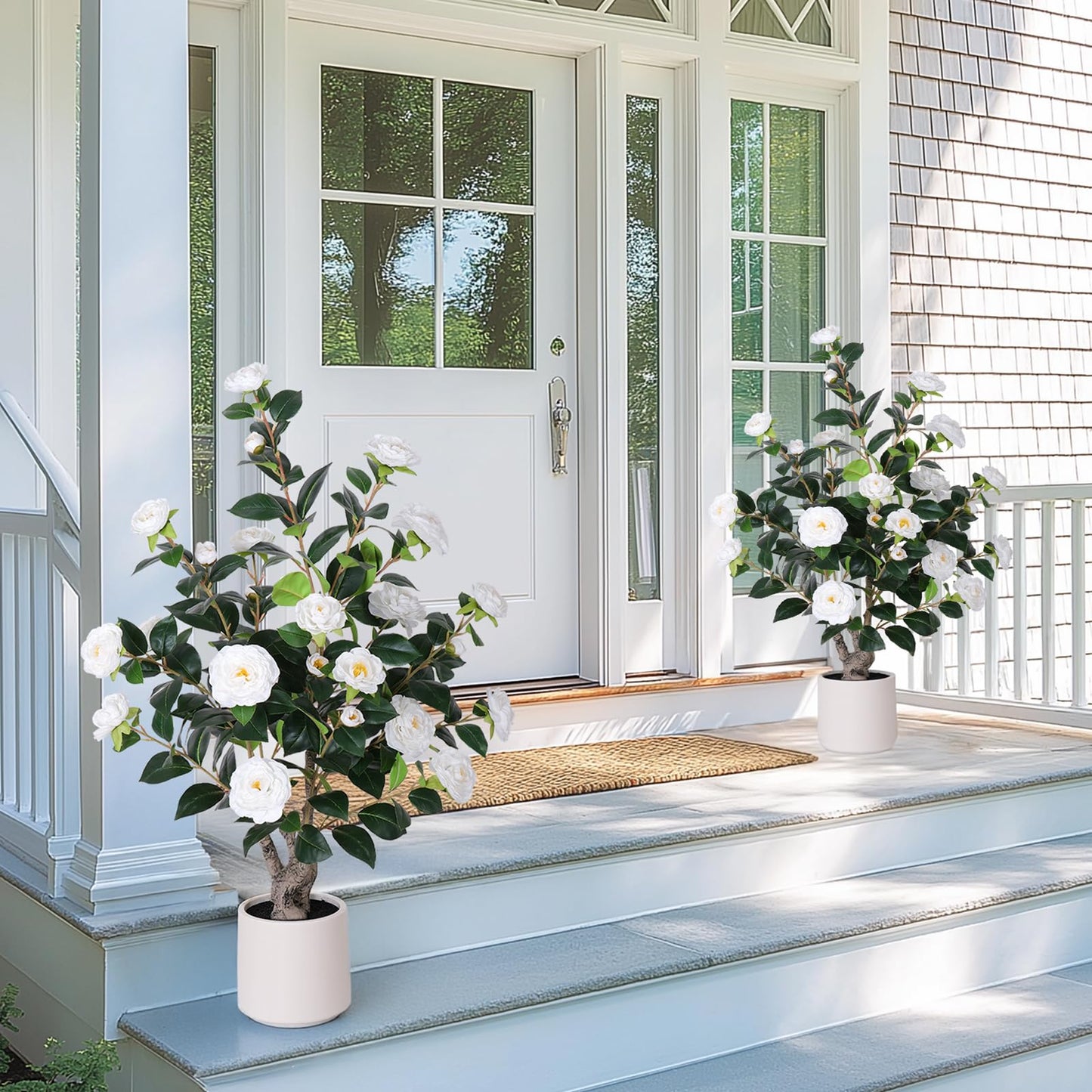 Yepdin 63 inch Artificial Camellia Tree with White Flower Pots - White Fake Tree,5 Ft Faux Plants Indoor wich Blooming,Artificial Plants for Indoor & Outdoor Home Front Door Decor