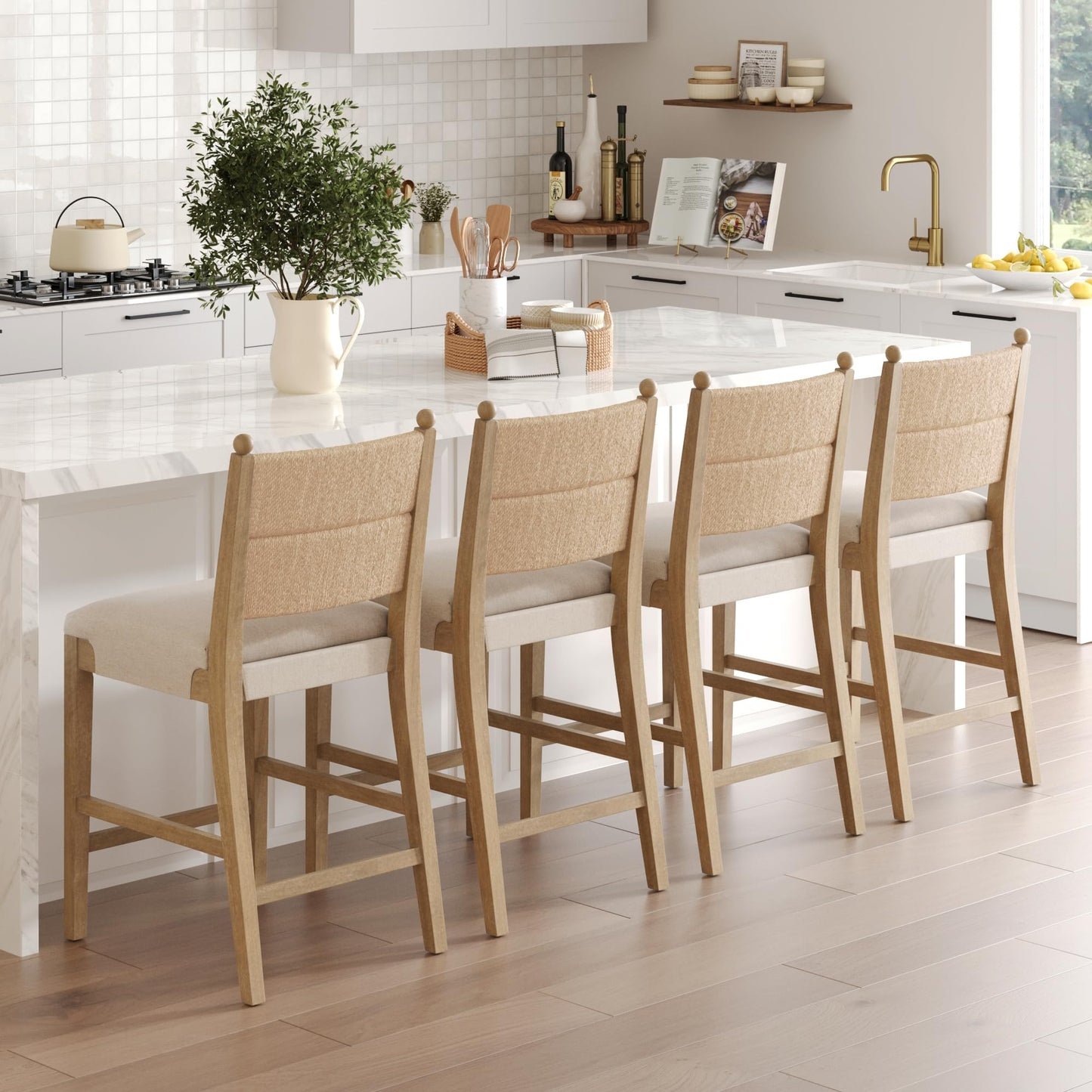 Nathan James Rikki Seagrass Bar Stool with Back, 2-Pack Boucle Counter Stool with Upholstered Seat, Solid Wood Frame, and Woven Seagrass Backrest