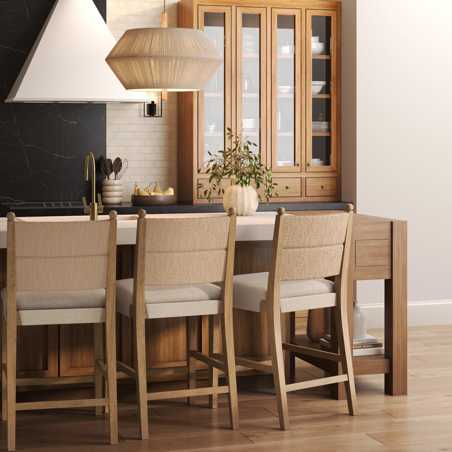 Nathan James Rikki Seagrass Bar Stool with Back, 2-Pack Boucle Counter Stool with Upholstered Seat, Solid Wood Frame, and Woven Seagrass Backrest
