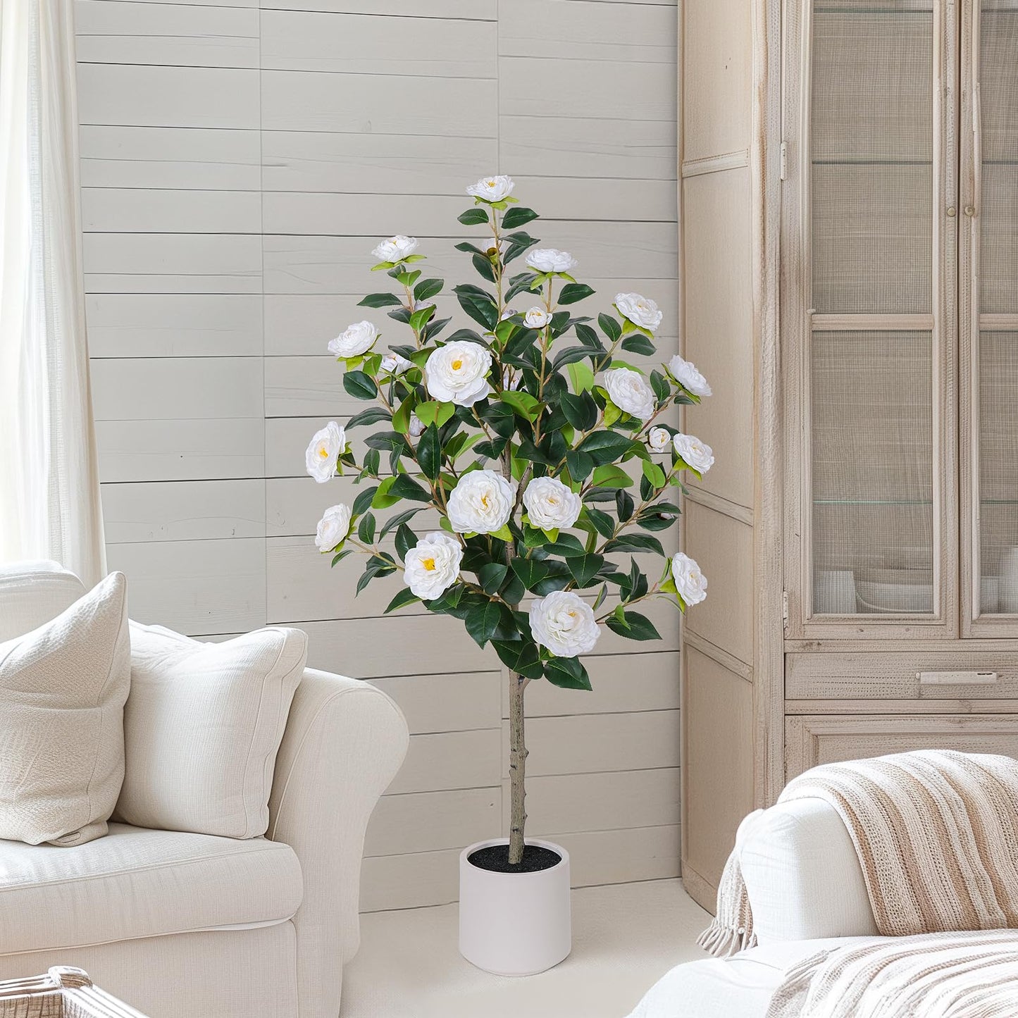 Yepdin 63 inch Artificial Camellia Tree with White Flower Pots - White Fake Tree,5 Ft Faux Plants Indoor wich Blooming,Artificial Plants for Indoor & Outdoor Home Front Door Decor