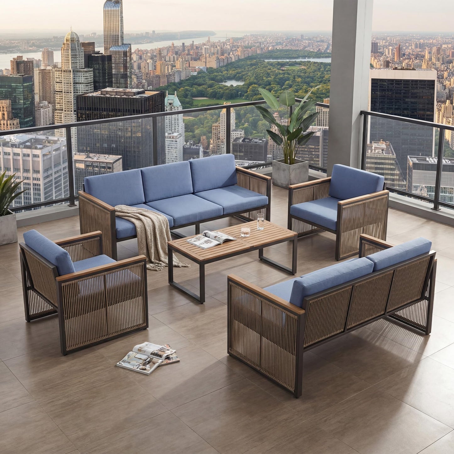 5 Piece Patio Conversation Set for 7, Modular Patio Sofa Couch with Cushions, Rattan Outdoor Patio Furniture Set with Loveseat/Coffee Table, Outdoor Sectional Furniture for Deck/Porch, Beige