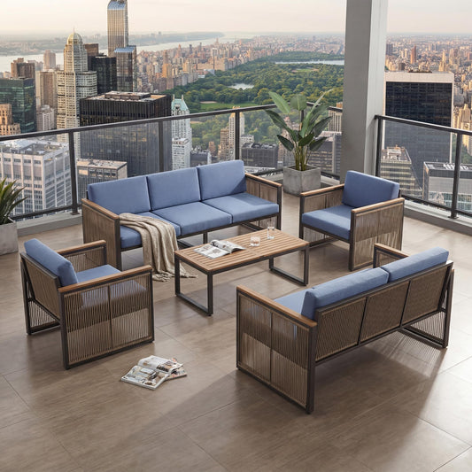 5 Piece Patio Conversation Set for 7, Modular Patio Sofa Couch with Cushions, Rattan Outdoor Patio Furniture Set with Loveseat/Coffee Table, Outdoor Sectional Furniture for Deck/Porch, Beige