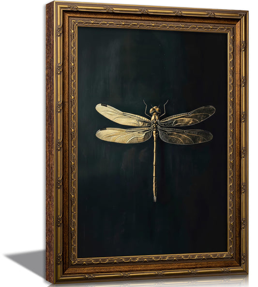 Vintage Gold Framed Canvas Wall Art Dark Retro Dragonfly