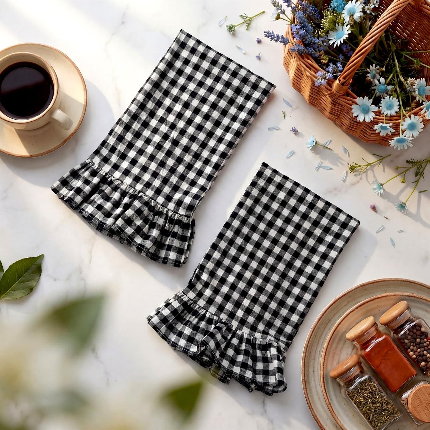 HunnmingRe Taupe Kitchen Towels Set of 2, 100% Cotton Ruffled Gingham Dish Towels 18"x28" Tea Cloths Classic Plaid Pattern for Farmhouse Charm, Drying Dishes, Entertaining Guests