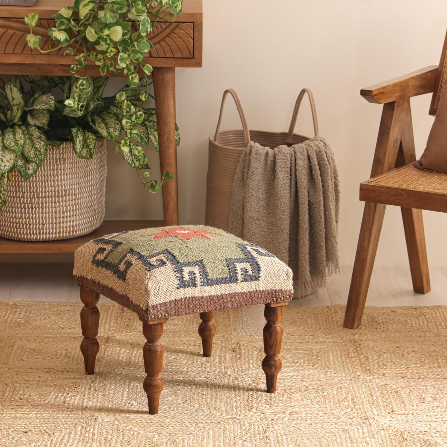 Handmade Jute Ottoman Stool with Wooden Legs