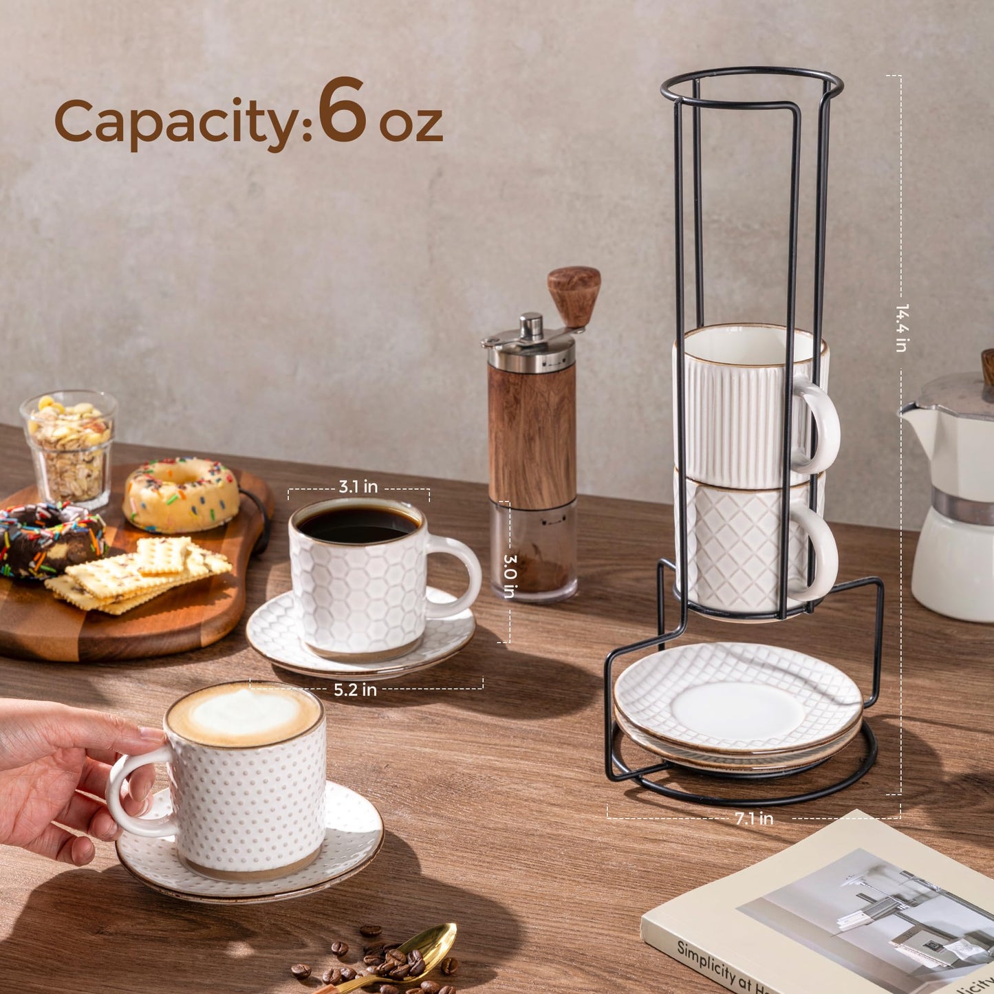 GBhome 12OZ Stackable Coffee Mugs, Ceramic Coffee Mugs with Texture Patterns for Man,Woman,Dad,Mom, Modern Coffee Mugs Set of 4 for Latte/Cappuccino/Cocoa. Dishwasher&Microwave Safe, Pale Khaki