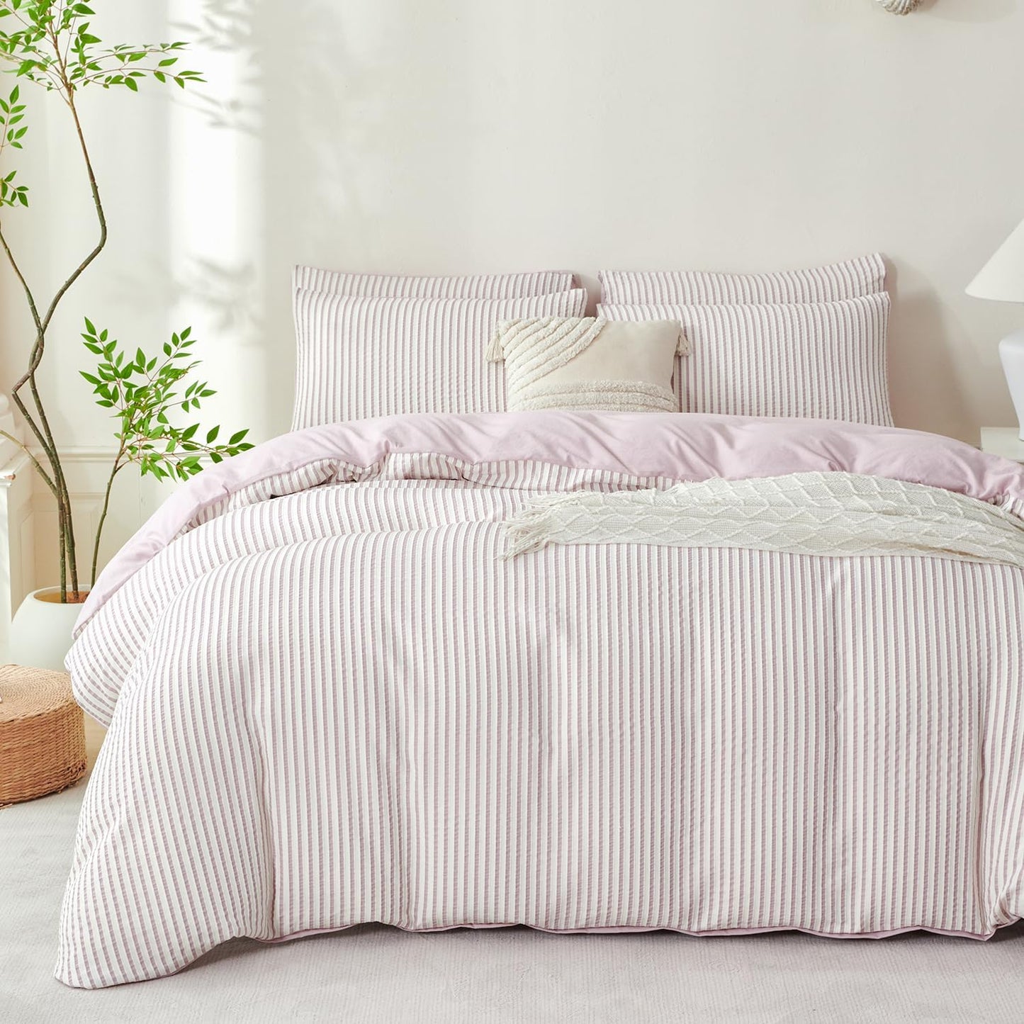 Striped Duvet Cover Queen Beige Washed Microfiber Jacquard 3 Pieces Bedding Set, White Beige Vertical Ticking Stripes Pattern Comforter Cover with Zipper Closure Breathable Durable Soft Comfy
