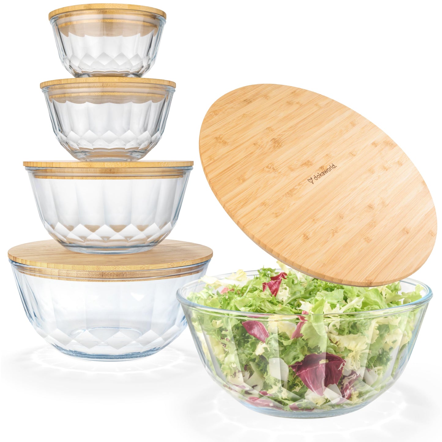 Glass Container Set with Acacia Lids - 4 Stackable Meal Prep Containers. Durable heat resistant Inert Borosilicate Glass