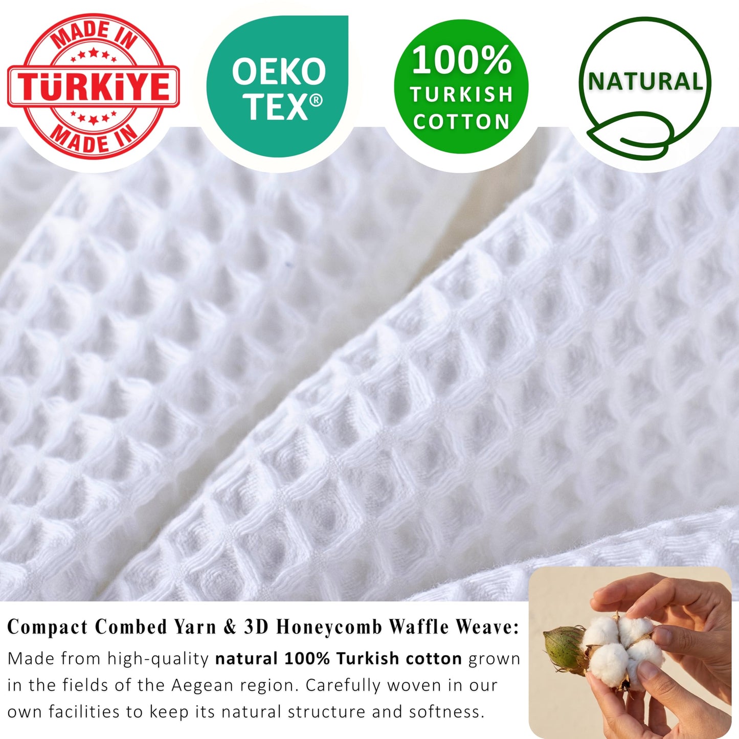 PÜSKÜL Organic Waffle Kitchen Towel Pure 100% Turkish Cotton Set of 3 Natural Raw-Undyed Towel - Premium Quality Soft Quick-Dry Absorbent Lint-Free Hand & Dish Towels Large 32X16 (3, Natural Beige)