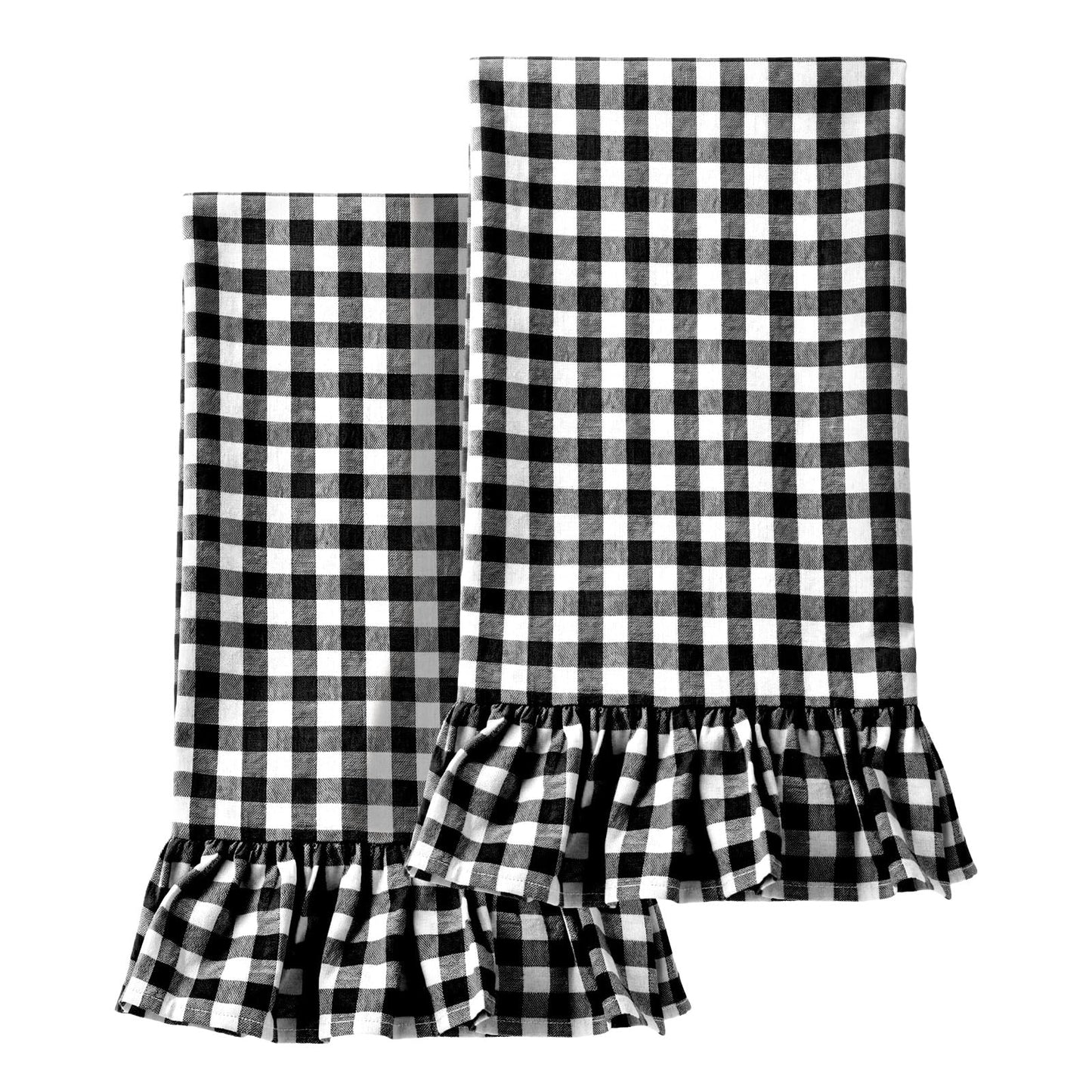 HunnmingRe Taupe Kitchen Towels Set of 2, 100% Cotton Ruffled Gingham Dish Towels 18"x28" Tea Cloths Classic Plaid Pattern for Farmhouse Charm, Drying Dishes, Entertaining Guests