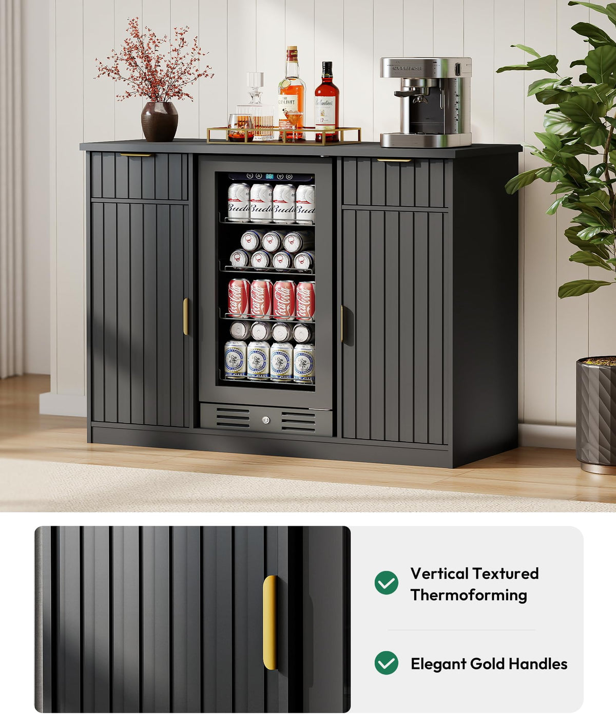Mini Fridge Cabinet with Hutch and Wine Glass Rack