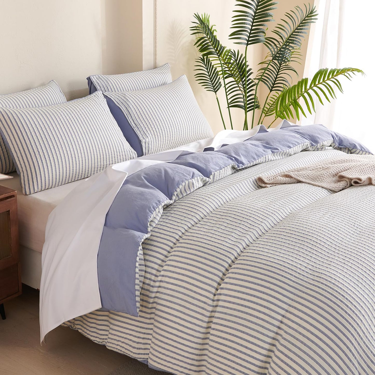 Striped Duvet Cover Queen Beige Washed Microfiber Jacquard 3 Pieces Bedding Set, White Beige Vertical Ticking Stripes Pattern Comforter Cover with Zipper Closure Breathable Durable Soft Comfy