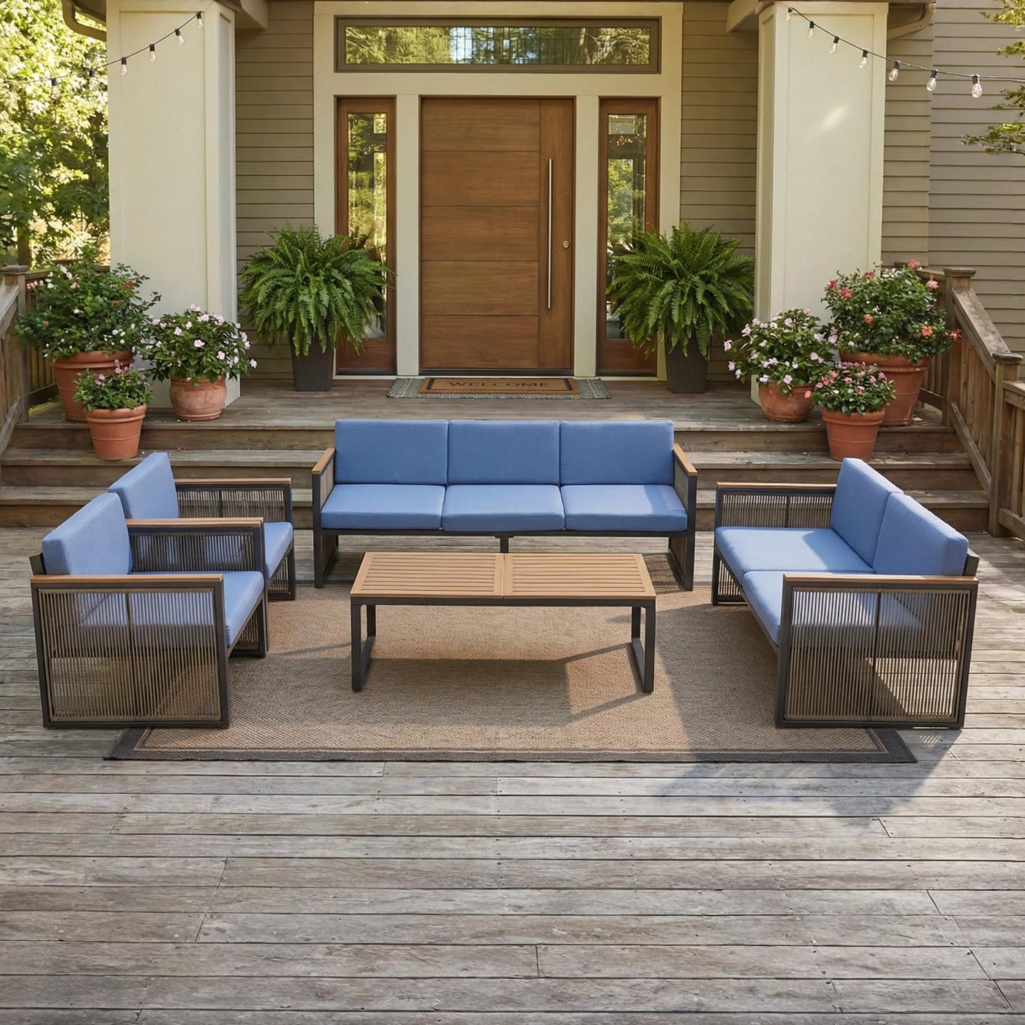 5 Piece Patio Conversation Set for 7, Modular Patio Sofa Couch with Cushions, Rattan Outdoor Patio Furniture Set with Loveseat/Coffee Table, Outdoor Sectional Furniture for Deck/Porch, Beige