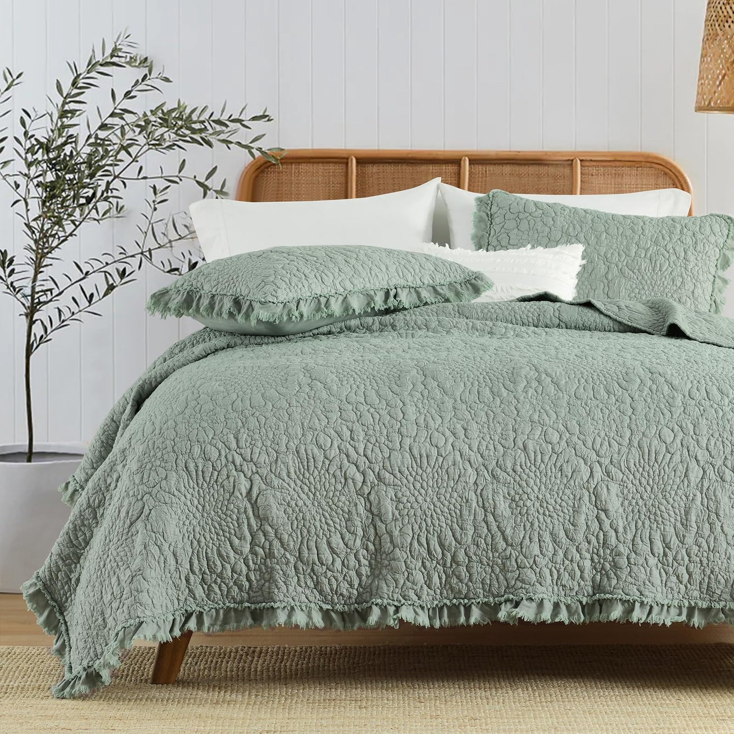 Ruffled Quilt Stone-Washed Lightweight Crinkled Shabby Chic Bedding Set