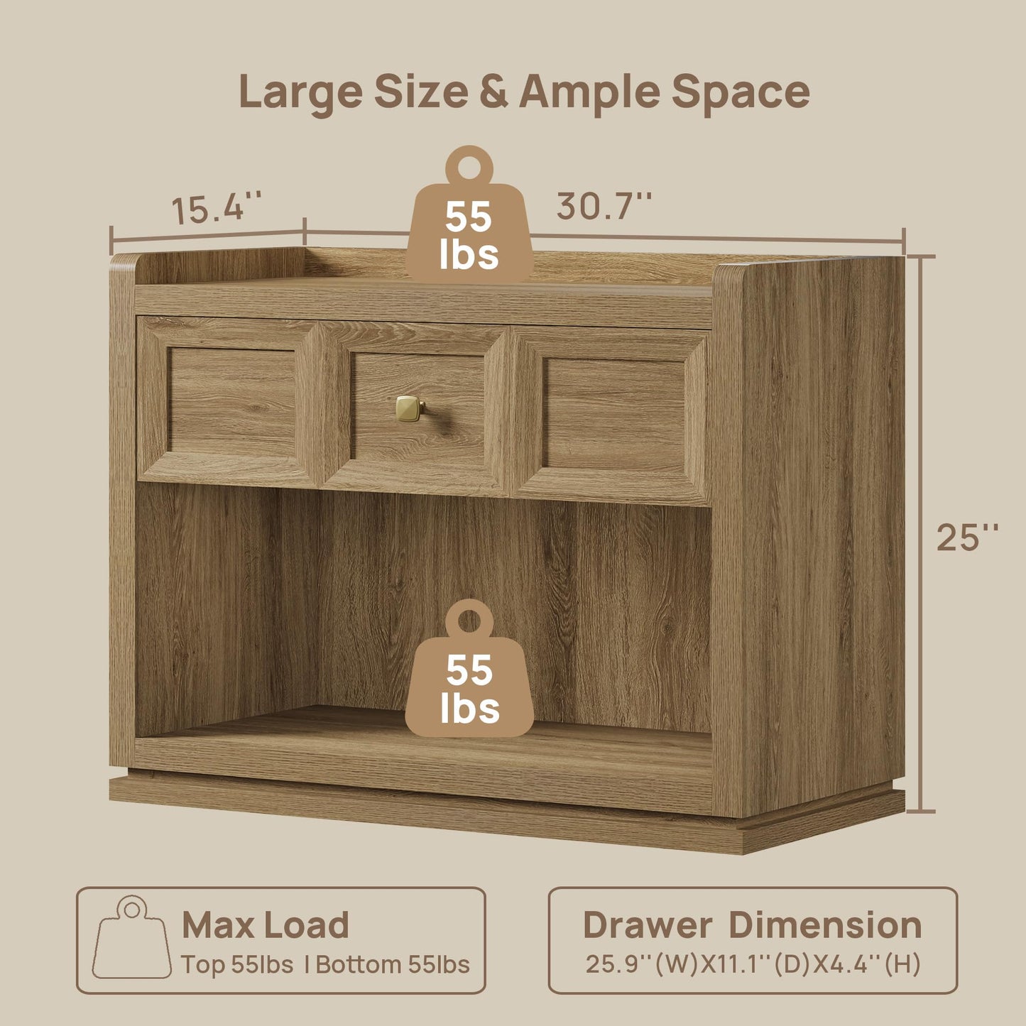 SICOTAS Night Stand Set 2, 26" Wide Nightstands with Drawer, Large Queen Size Nightstands Set of 2, Modern Bedside Table for Bedroom, Side End Table (Brown Oak, 26-Inch)