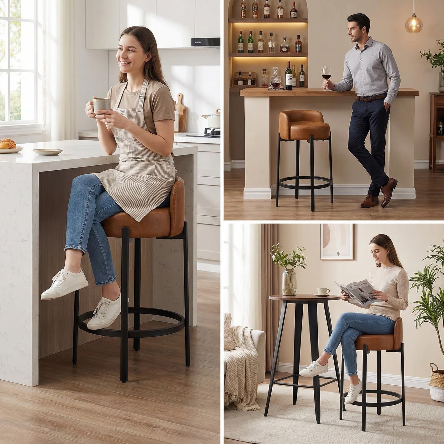 LukeAlon Mid Century Linen Counter Stools Set of 3, Upholstered 26.5" Seat Height Low Barstools with Natural Wood Legs Round Low Back Kitchen Stools with Footrest for Dining Room, Beige
