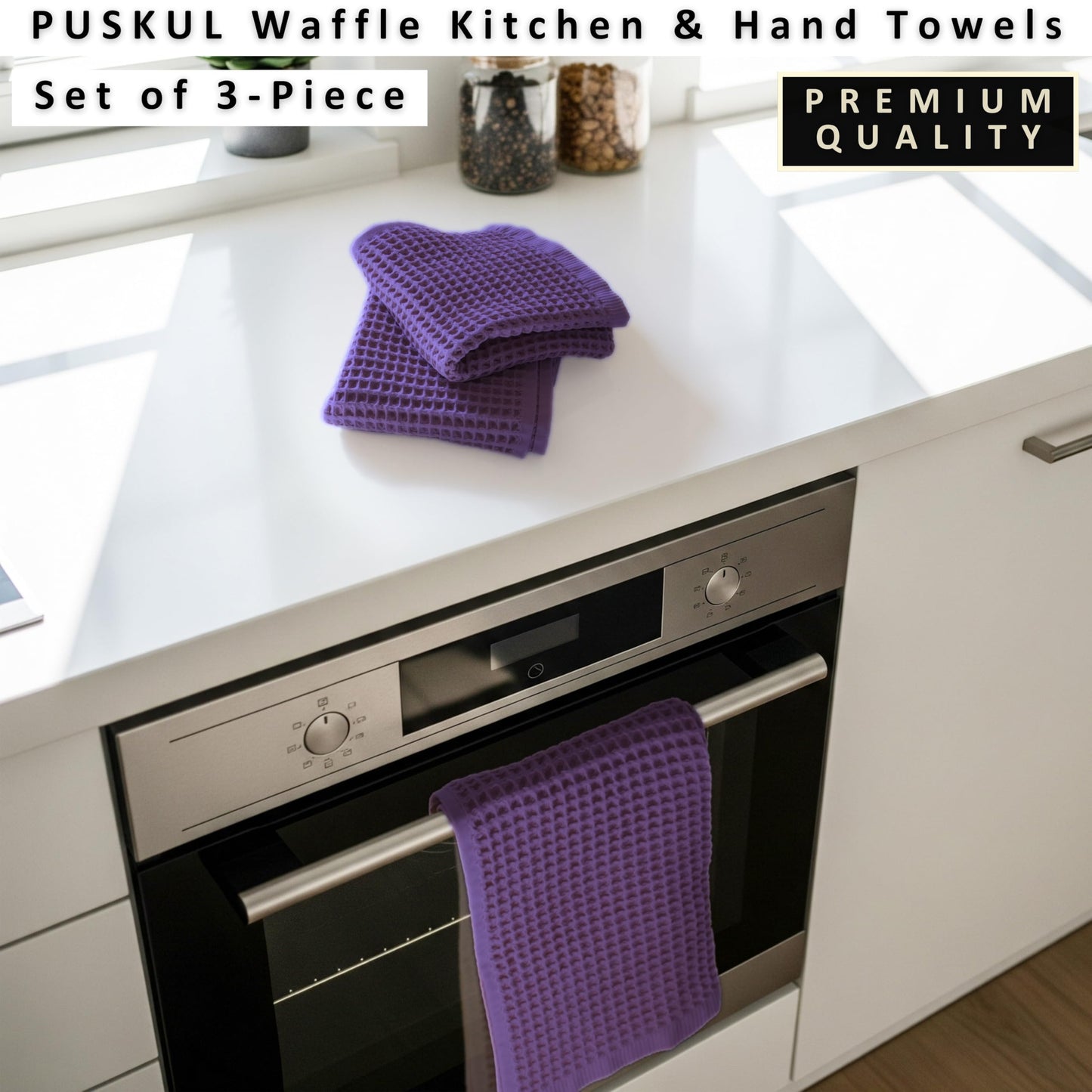 PÜSKÜL Organic Waffle Kitchen Towel Pure 100% Turkish Cotton Set of 3 Natural Raw-Undyed Towel - Premium Quality Soft Quick-Dry Absorbent Lint-Free Hand & Dish Towels Large 32X16 (3, Natural Beige)