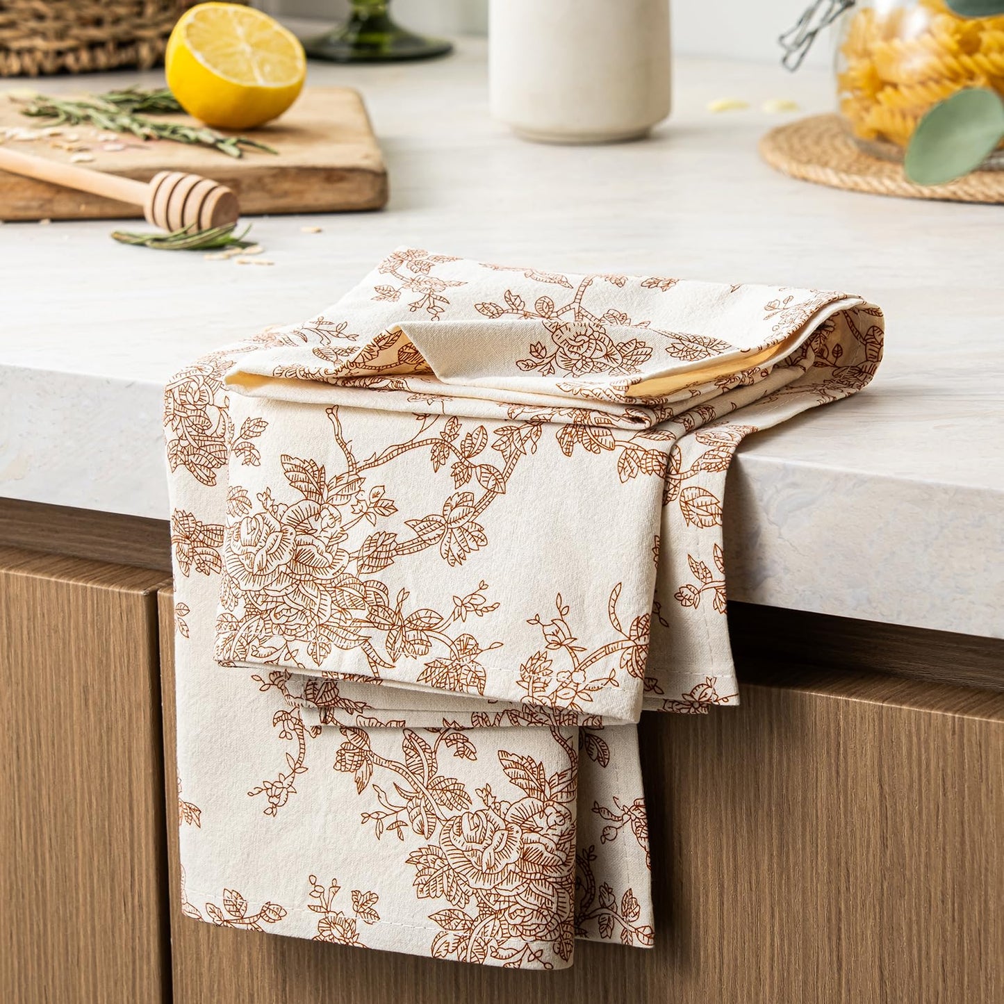 100% Cotton French Pastoral Kitchen Towels Set of 2, Decorative Flour Sack Tea Towels with Hanging Loop 18x25 Inch Absorbent Dish Cloths Farmhouse Home Decor, Brown