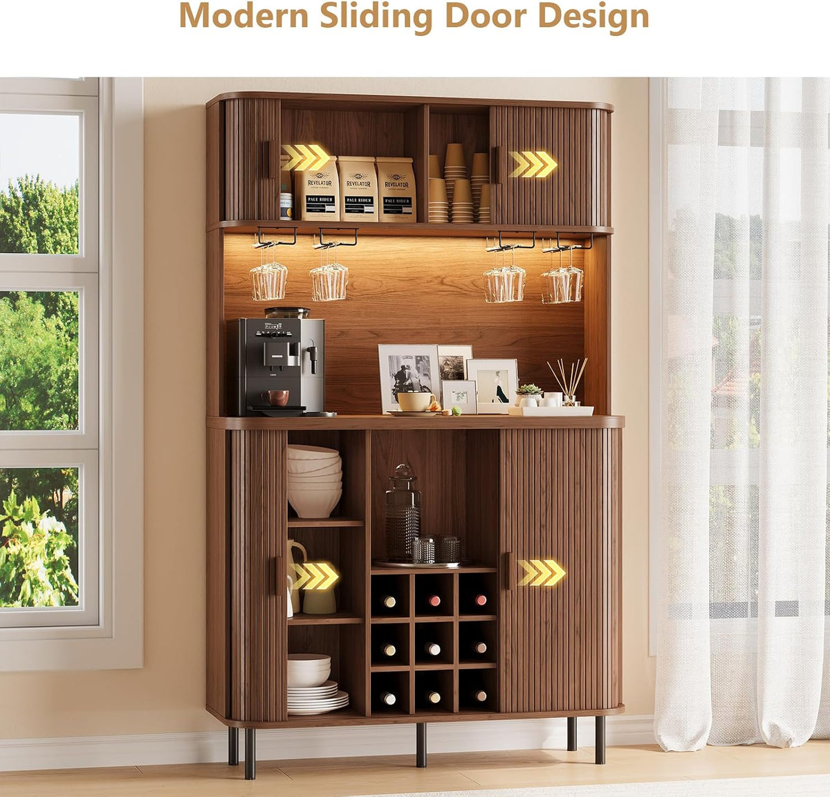 71" Tall Fluted Wine Bar Cabinet with Storage