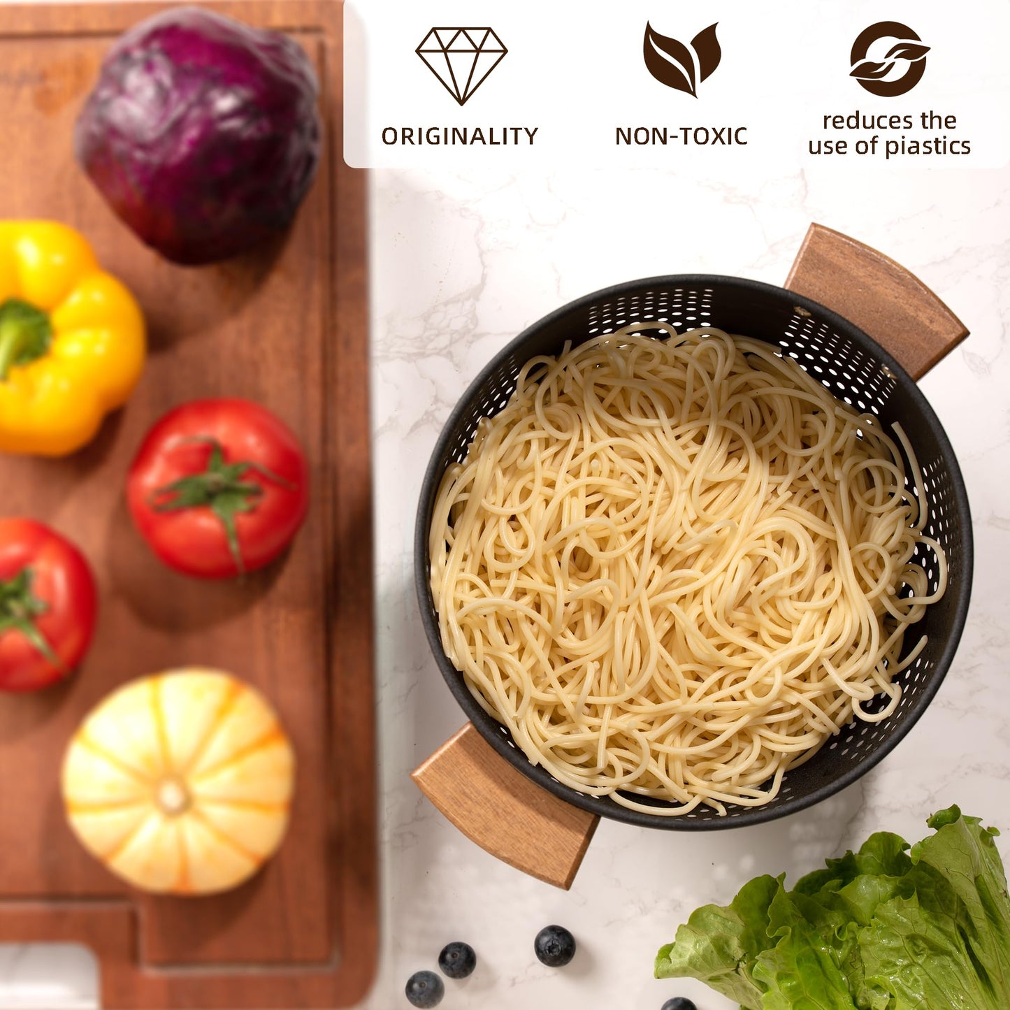 Metal Colander with Wood Handle and Stable Base, Powder Coated Steel Kitchen Strainer Basket for Draining Pasta, Vegetable and fruit(7quart,Sandyellow)